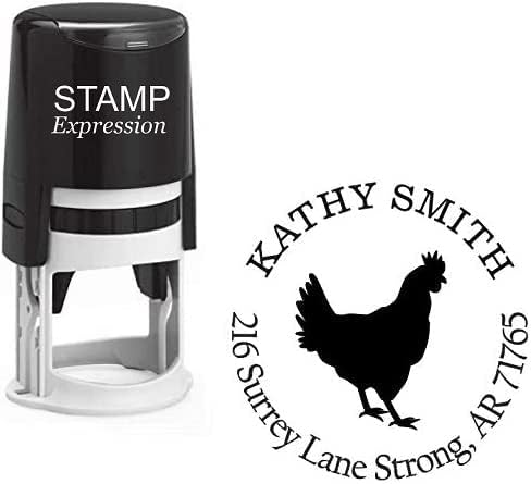 Rooster Chicken Custom Return Address Stamp - Self Inking. Personalized Rubber Stamp with Lines of Text (SH-76116)