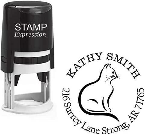 Elegant Cat Custom Return Address Stamp - Self Inking. Personalized Rubber Stamp with Lines of Text (SH-76671)
