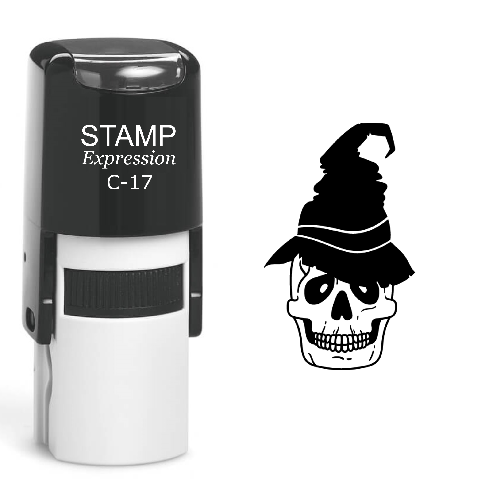 Skull Wearing a Witch Hat Self Inking Rubber Stamp (SH-60521)