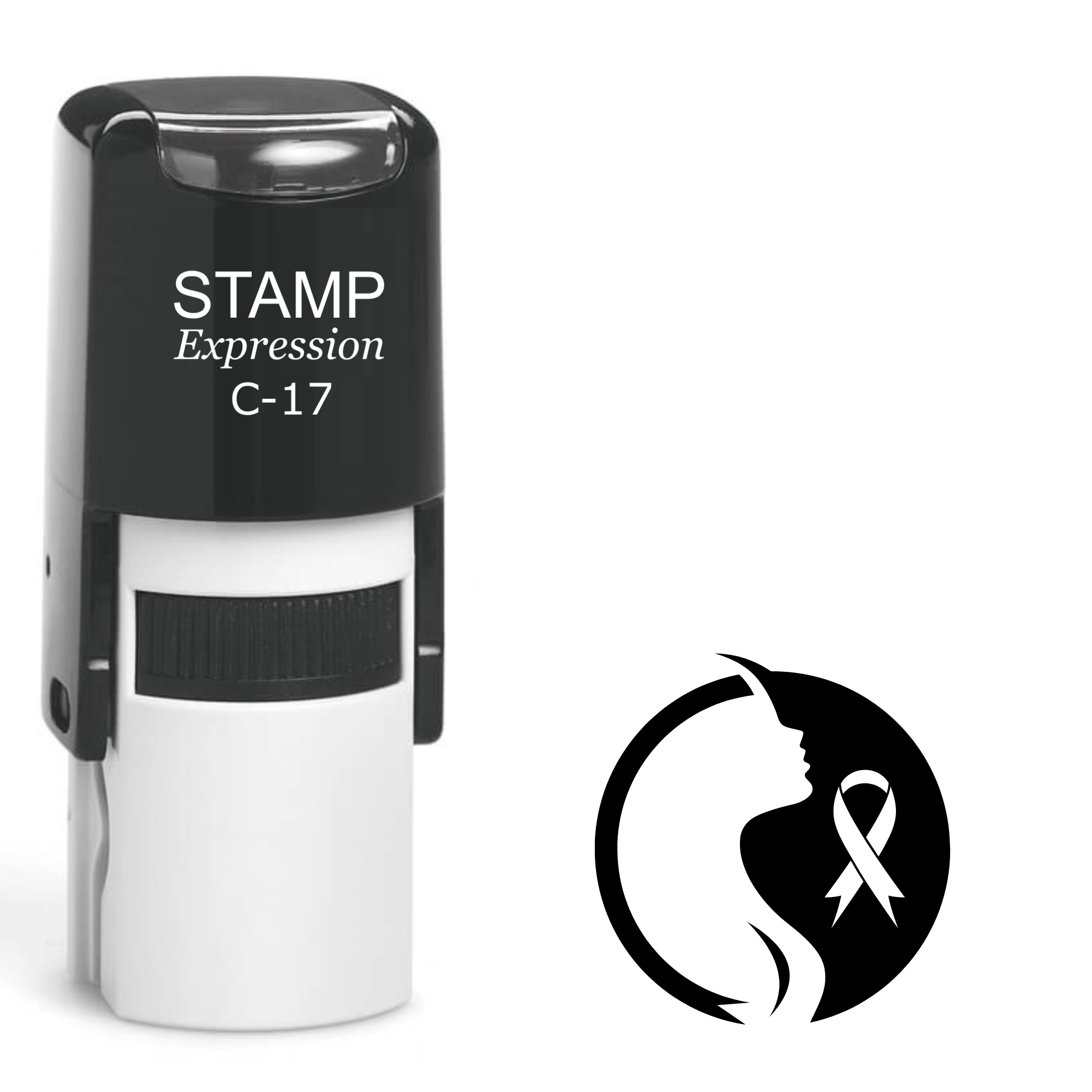 Breast cancer awareness woman silhouette with ribbon in circle Self Inking Rubber Stamp (SH-63331)