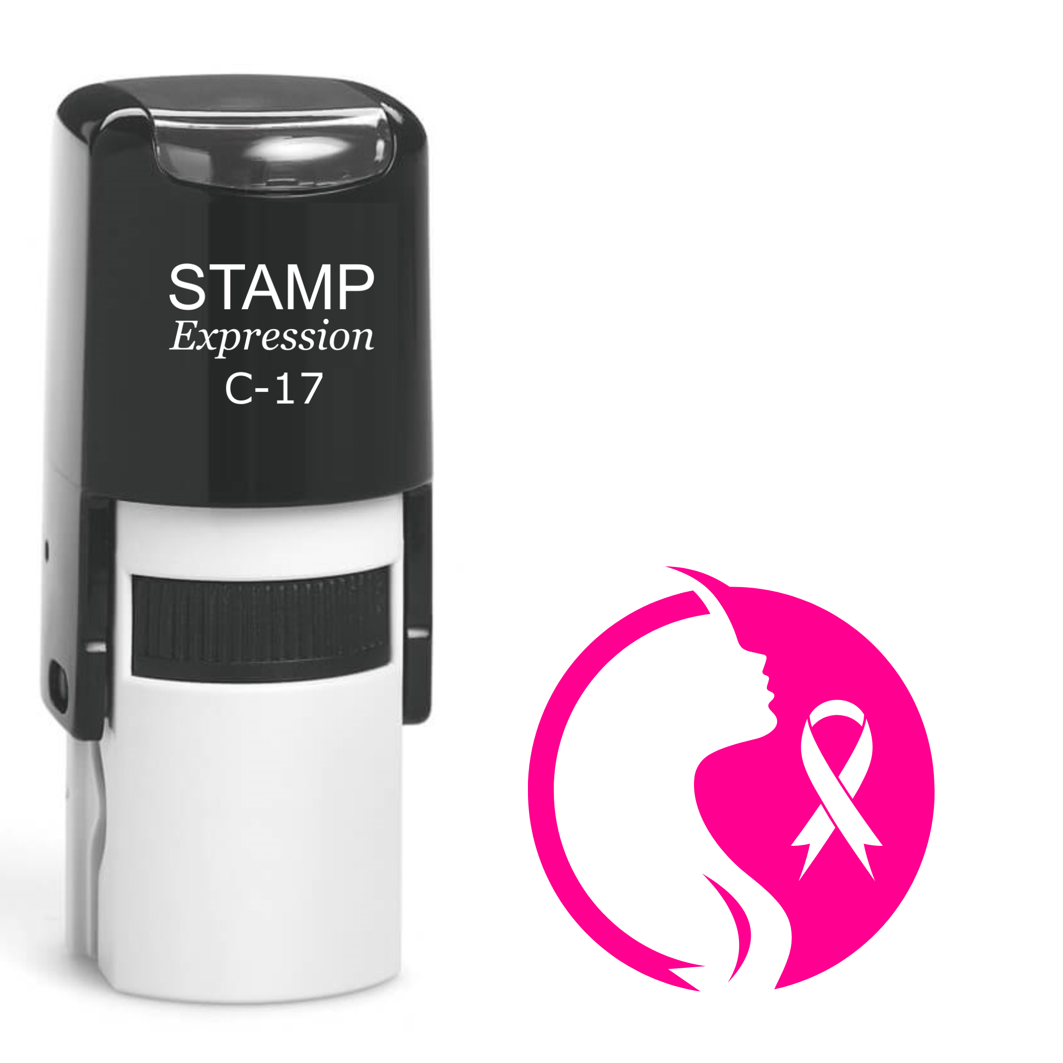 Breast cancer awareness woman silhouette with ribbon in circle Self Inking Rubber Stamp (SH-63342)