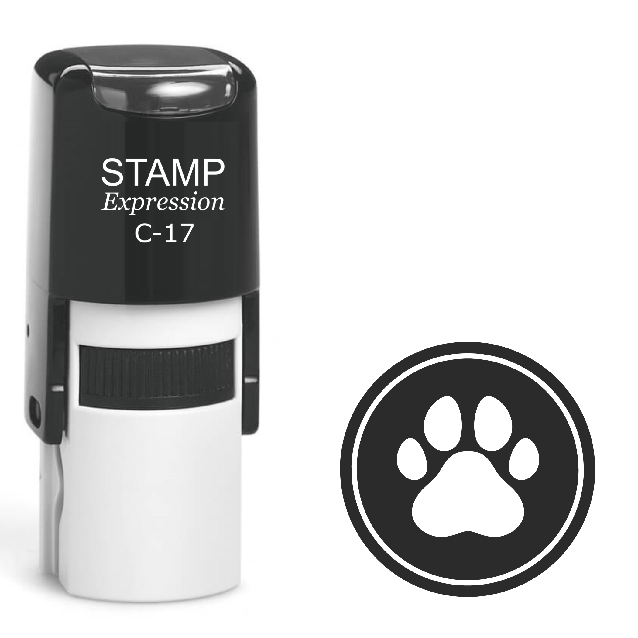 White paw print in double outline black circle Self Inking Rubber Stamp (SH-63771)