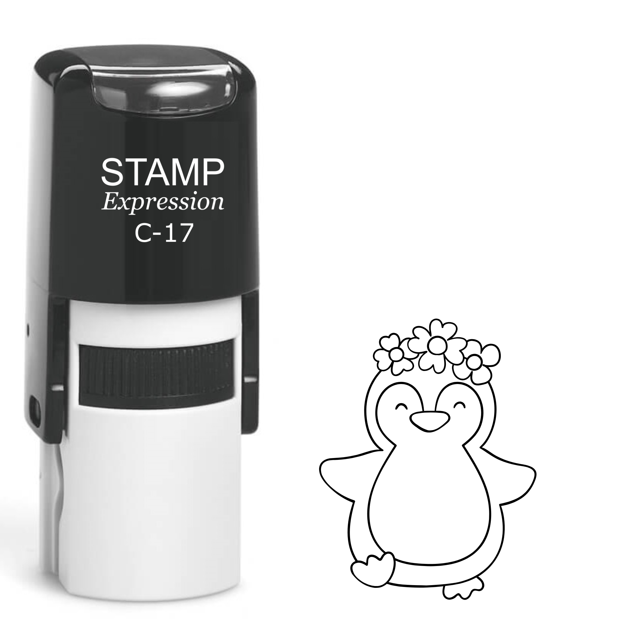 Dancing baby penguin with flower headband Self Inking Rubber Stamp (SH-64097)