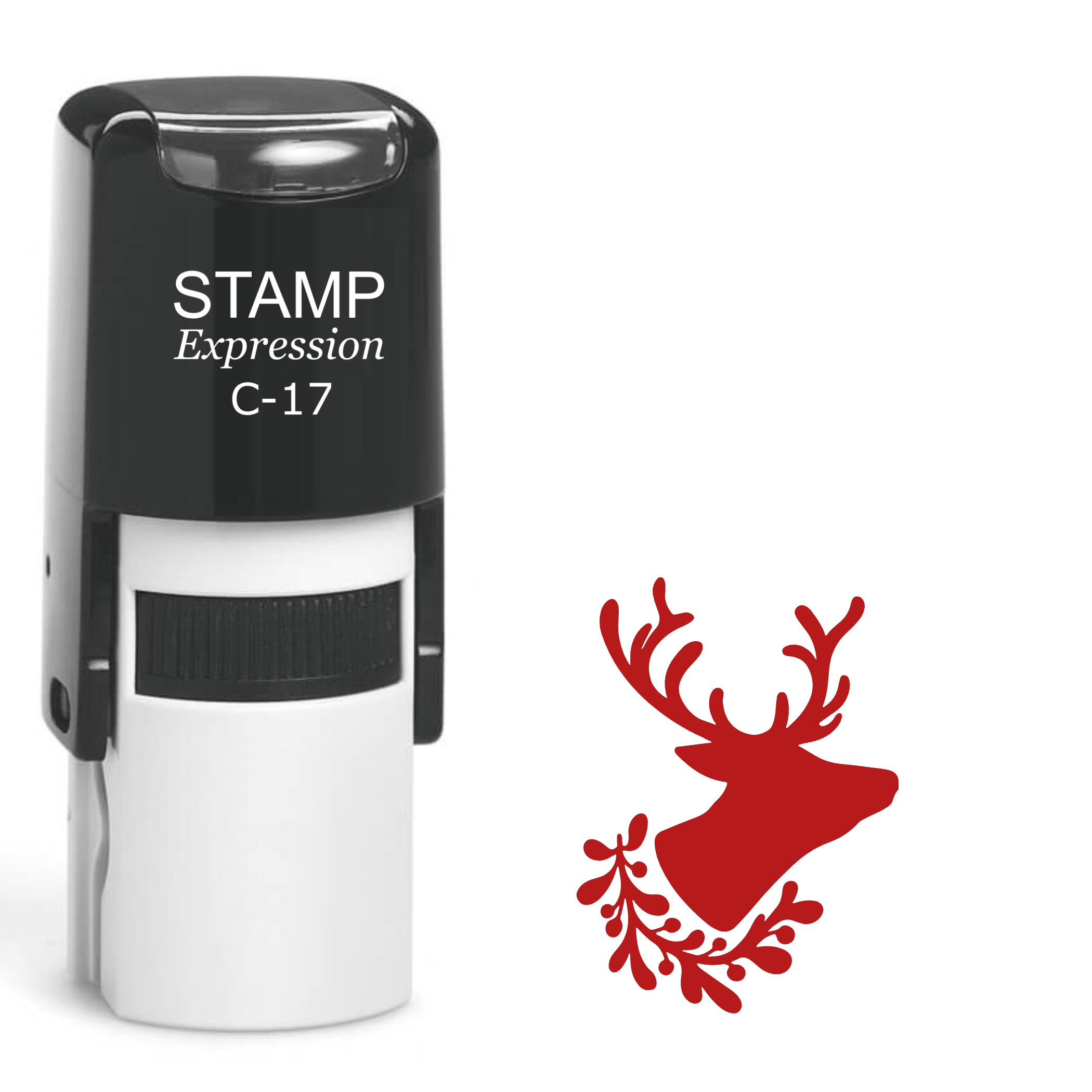 Red deer silhouette profile with holly berry Christmas Self Inking Rubber Stamp (SH-64170)