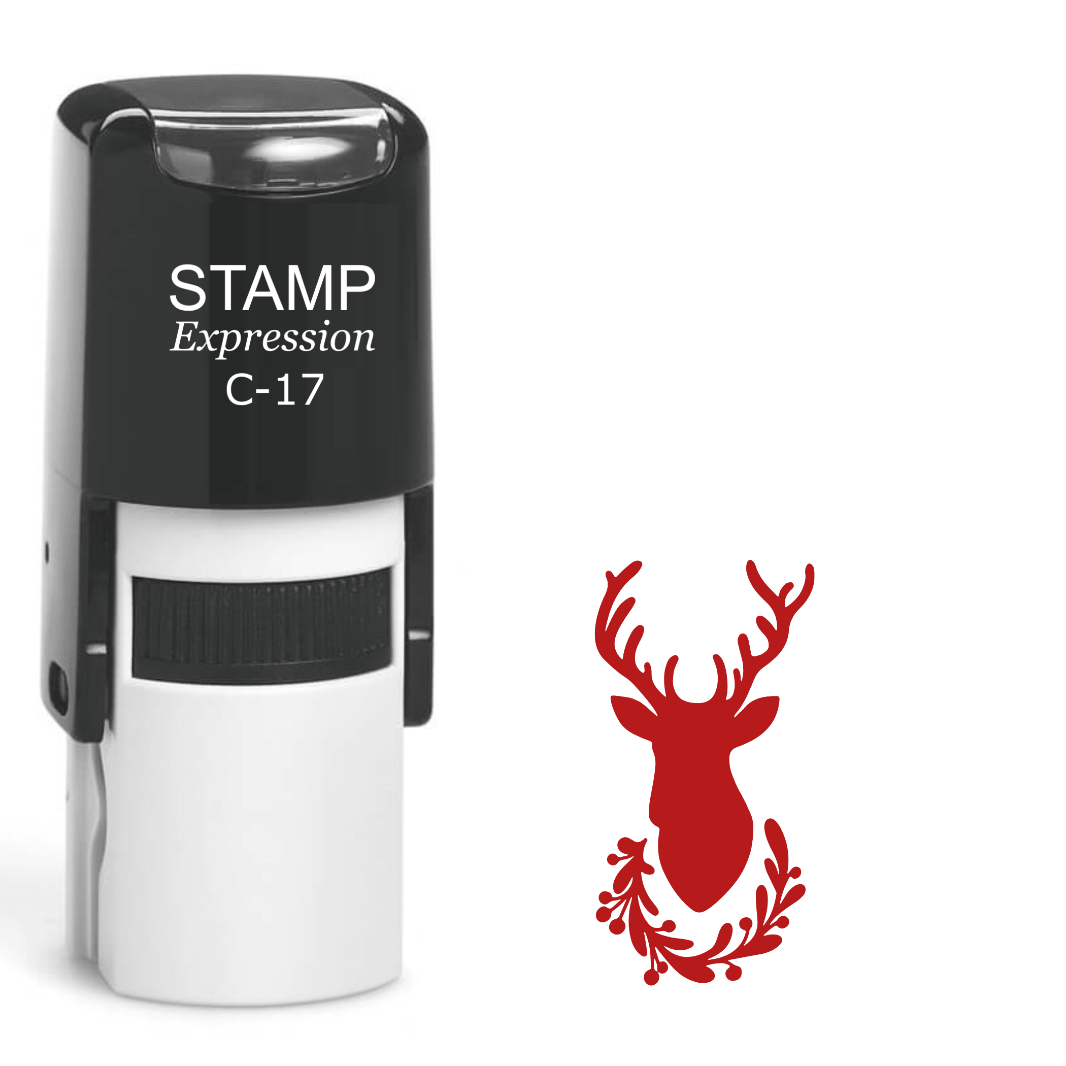 Red deer head silhouette with holly berry Christmas Self Inking Rubber Stamp (SH-64171)