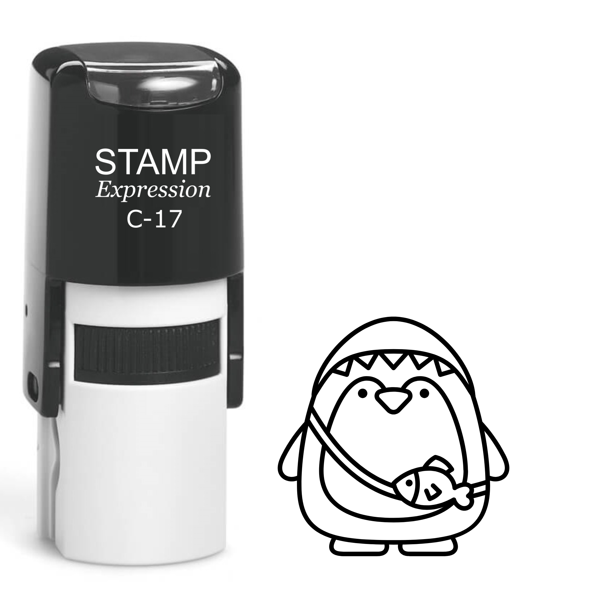 Penguin wearing shark costume with fish bag Self Inking Rubber Stamp (SH-64240)