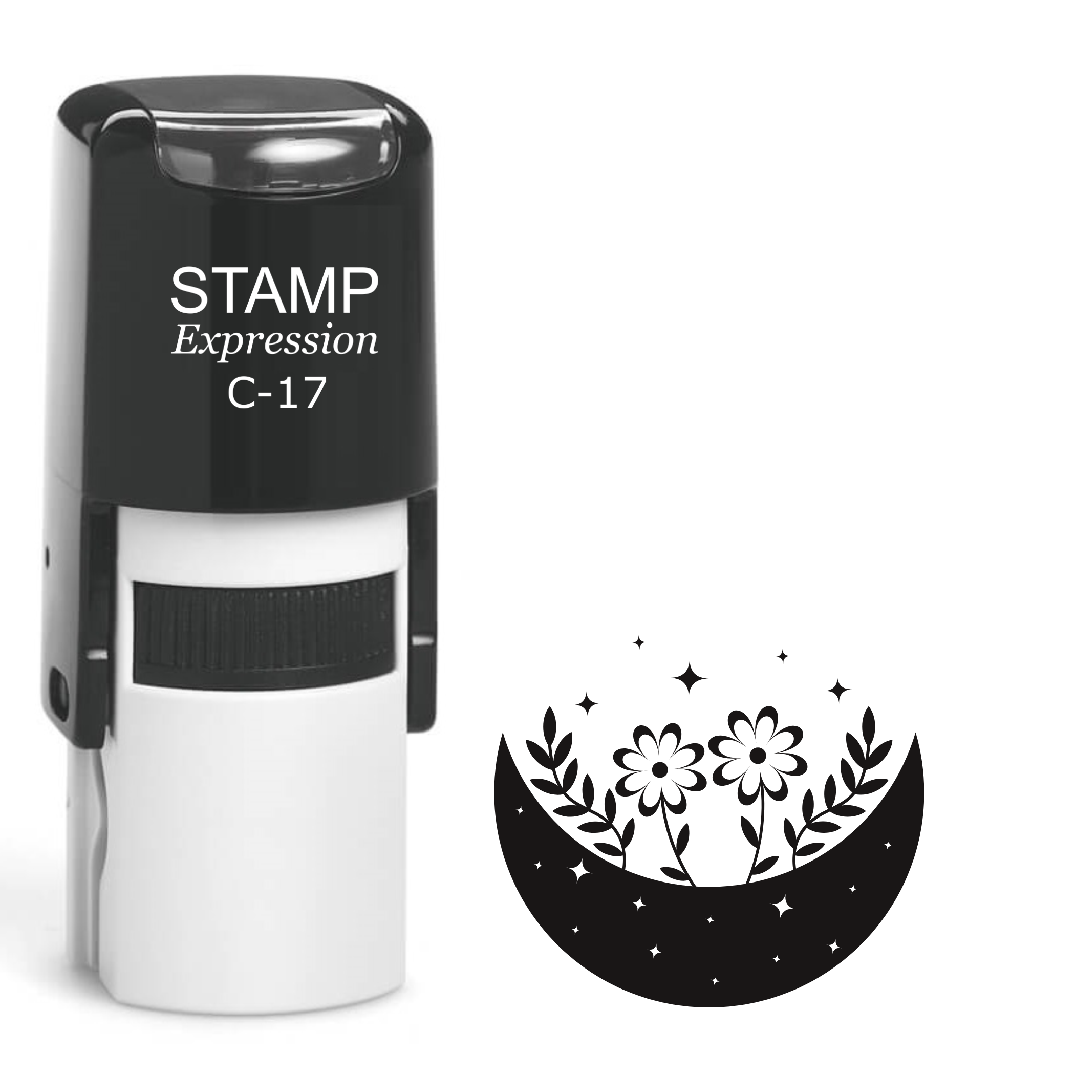 Dark half moon with two flowers and vines Self Inking Rubber Stamp (SH-64559)