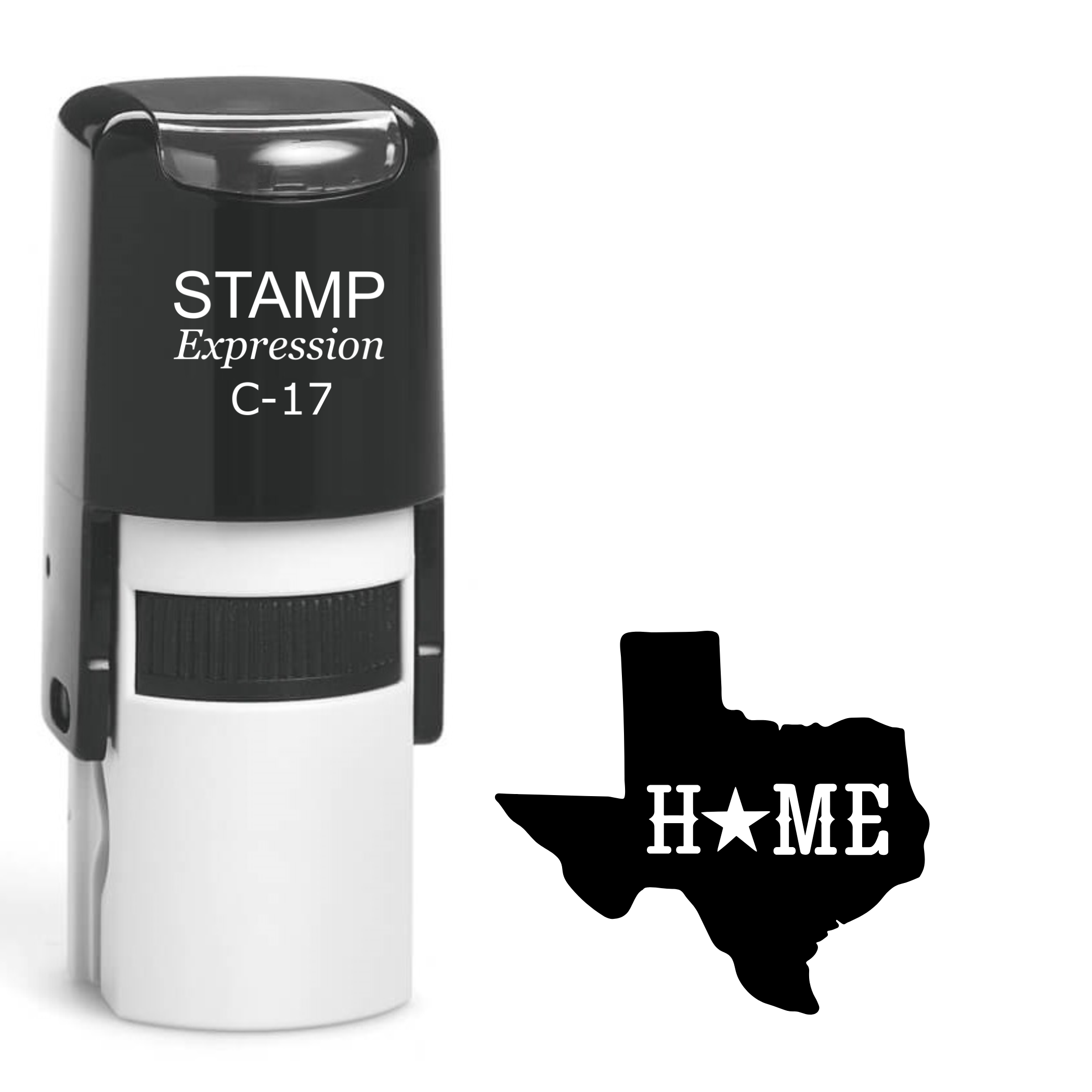 State of Texas silhouette with home text in the middle and a star Self Inking Rubber Stamp (SH-64698)