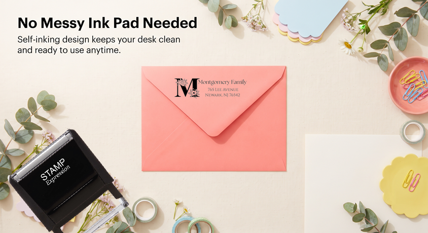 Floral M StampSelf-Inking Custom Rubber Stamp Personalized Return Address Stamp With Name and Address Self-Inking Custom Rubber Stamp | Personalized Return Address Stamp | Name & Address Customizable (70865)