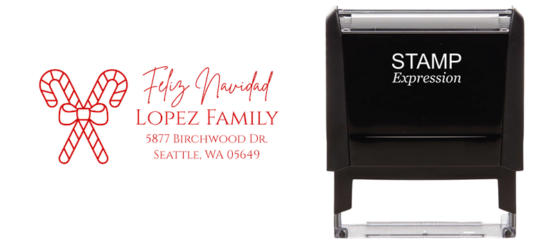 Feliz Navidad Two Candy CanesSelf-Inking Custom Rubber Stamp Personalized Return Address Stamp With Name and Address Self-Inking Custom Rubber Stamp | Personalized Return Address Stamp | Name & Address Customizable (70936)