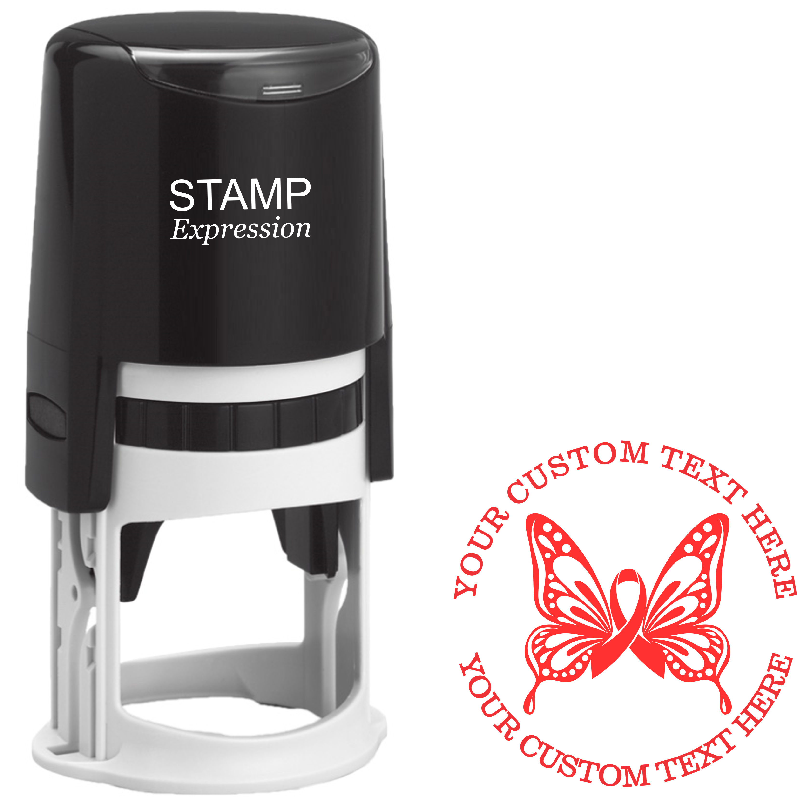 Breast Cancer Awareness Butterfly Custom Self-Inking Rubber Stamp | Ribbon Design | Personalized Address Stamp with Lines of Text (SH-76333)