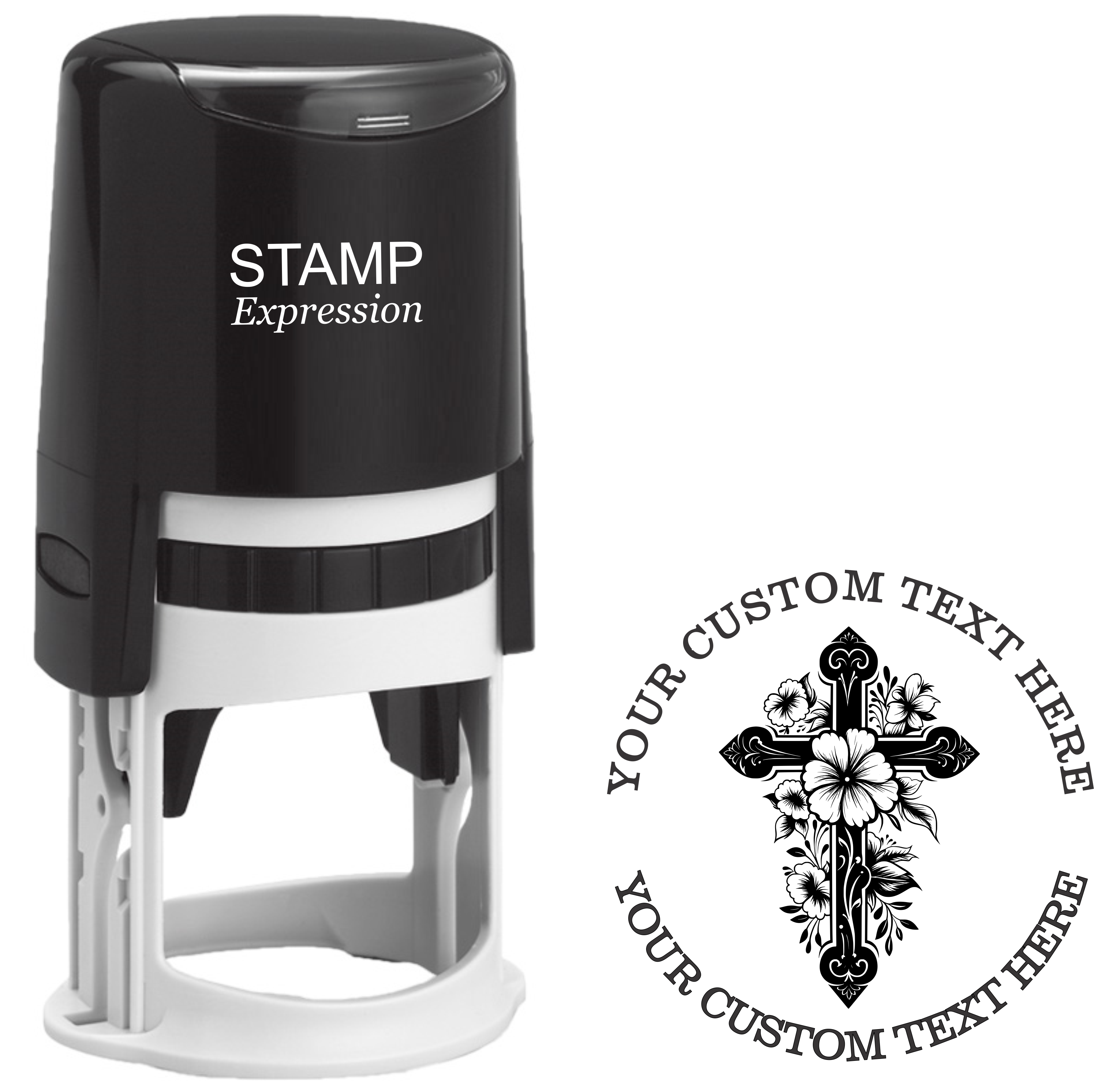 Cross WIth Flowers Religious Christian Custom Return Address Stamp - Self Inking. Personalized Rubber Stamp with Lines of Text (SH-76335)