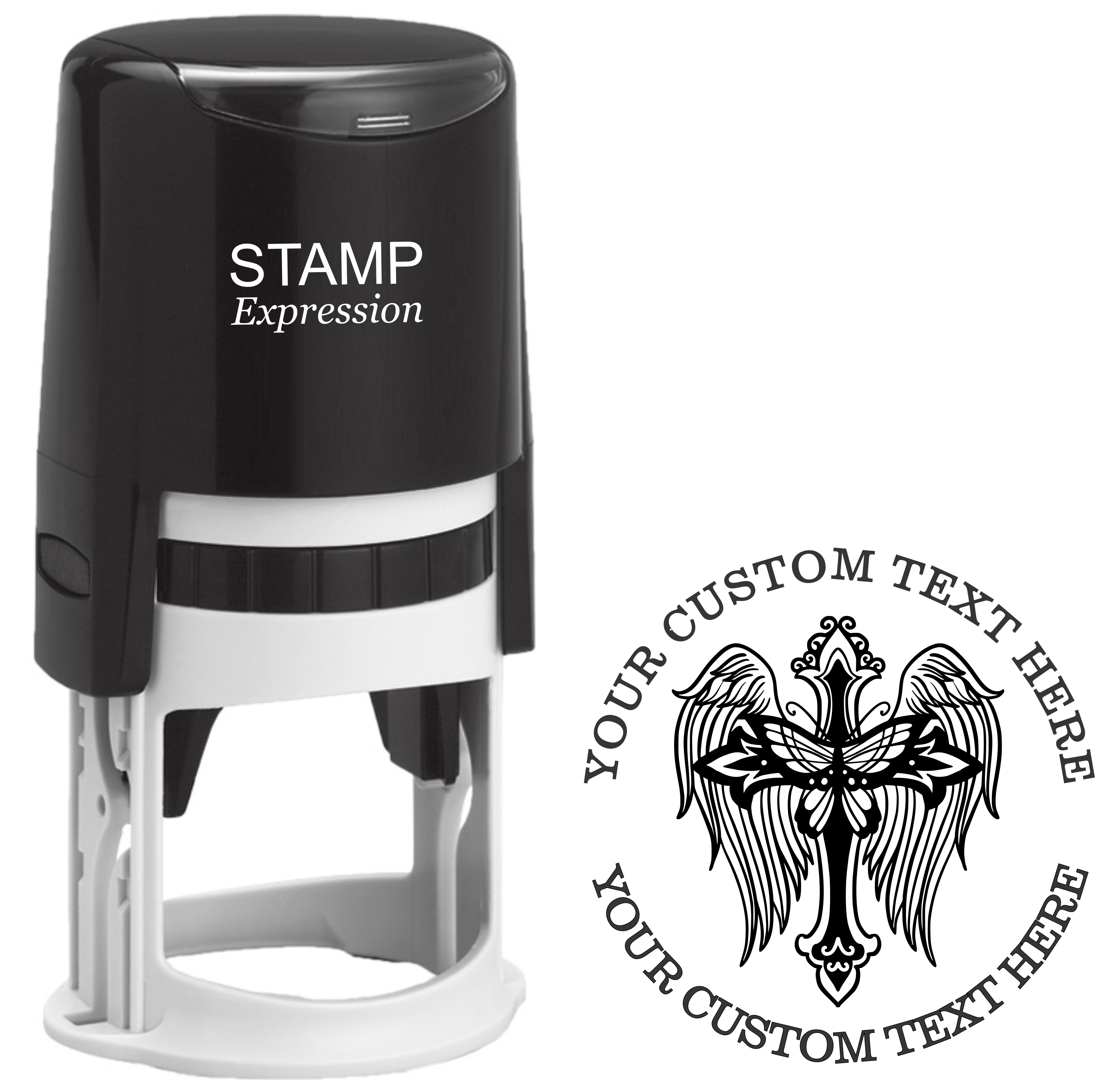 Cross With Angel WIngs Custom Stamp - Self Inking. Personalized Religious Address Rubber Stamp with Lines of Text (SH-76336)