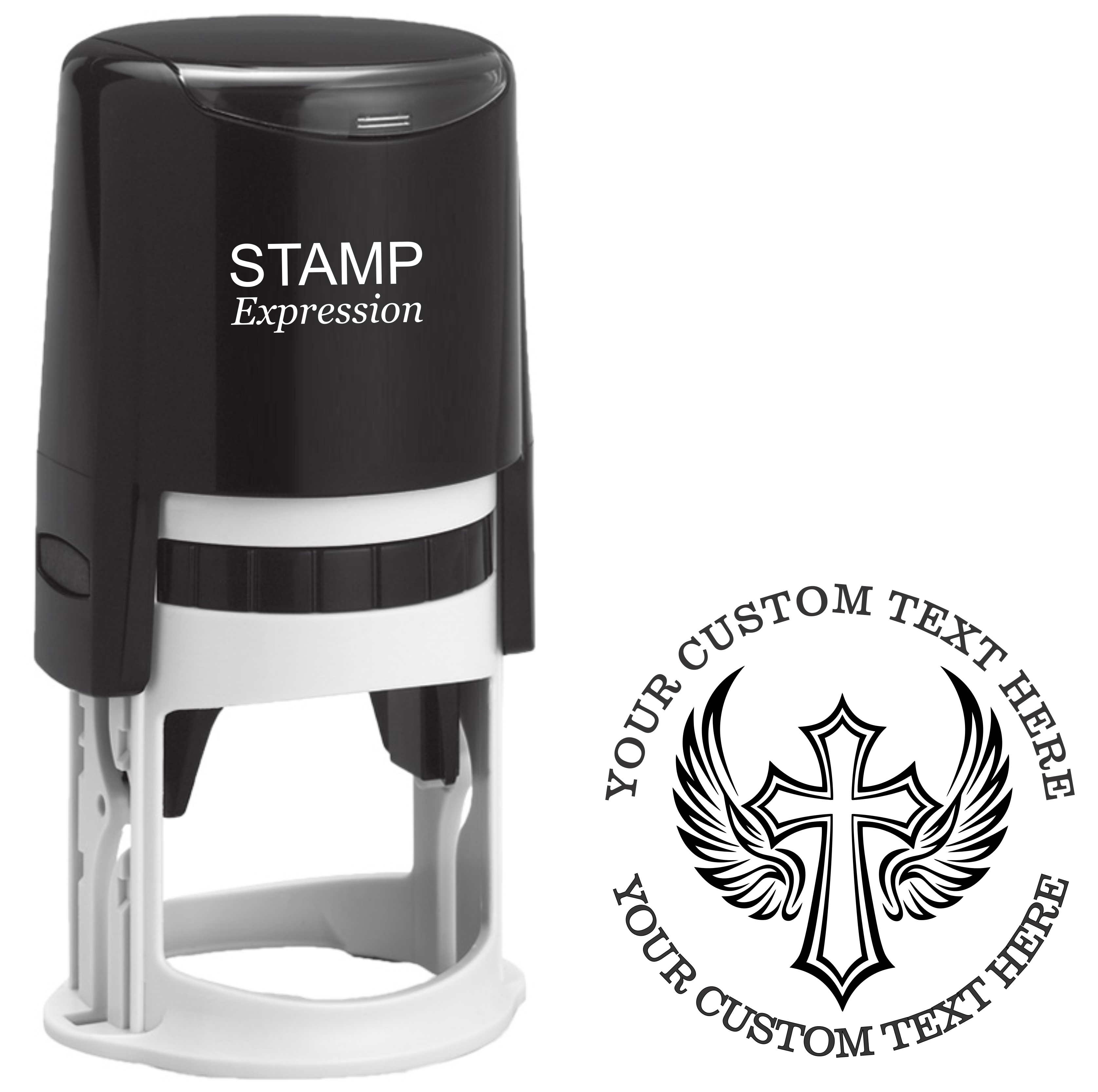 Cross With Angel WIngs Custom Stamp - Self Inking. Personalized Religious Address Rubber Stamp with Lines of Text (SH-76337)