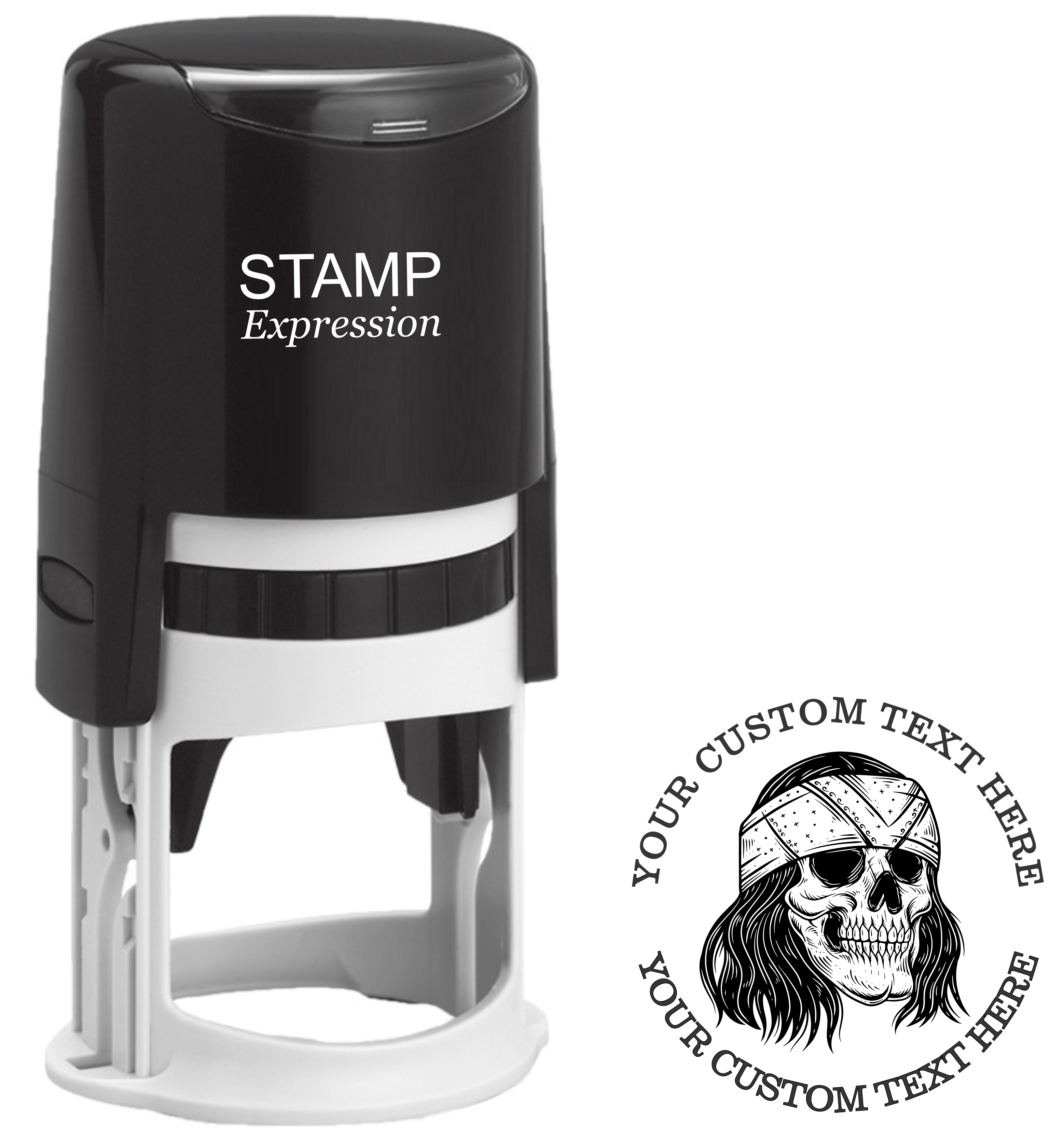 Pirate Skull Custom Stamp - Self Inking. Personalized Address Stamp with Lines of Text With FIsh Outline (SH-76366)