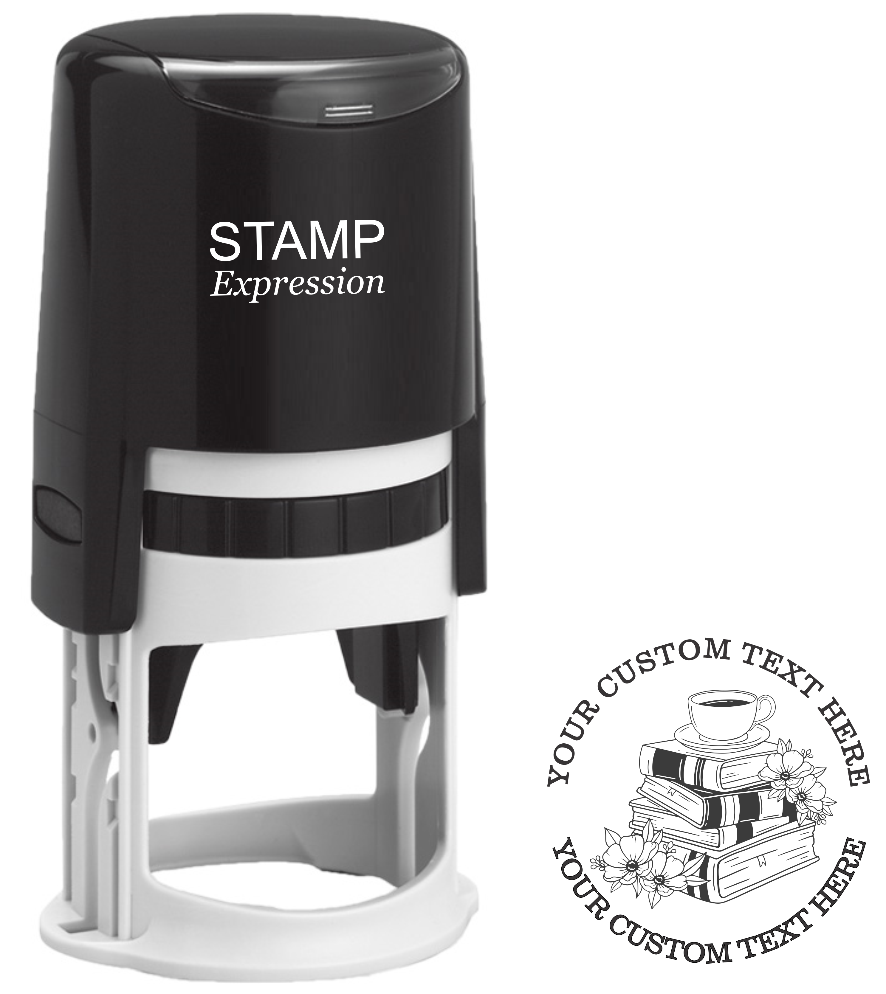Books And Coffee Custom Self Inking Rubber Stamp. Perfect For Library Book Stamps and Personalized Address Stamps with Lines of Text. (SH-76387)