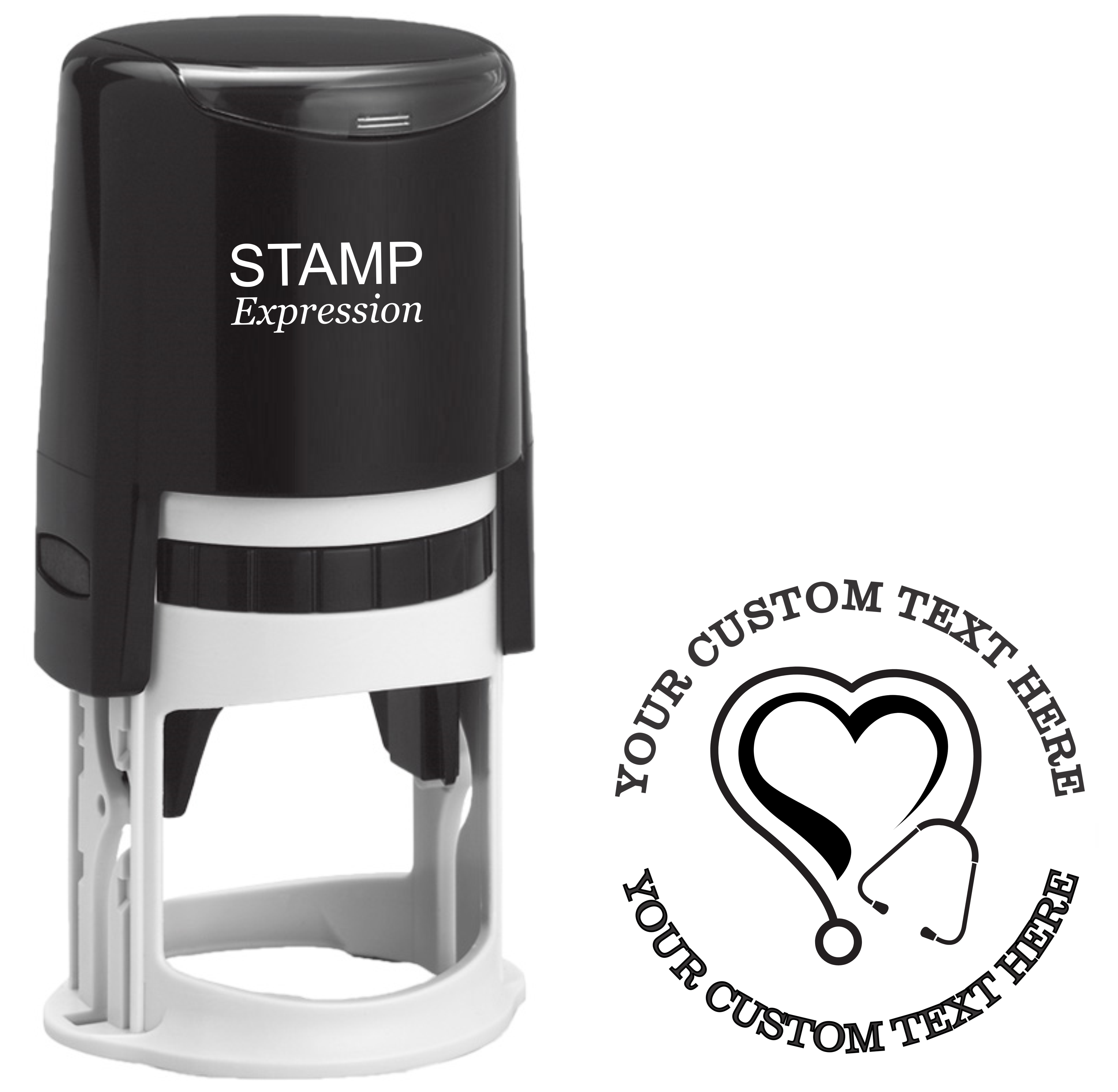 Stethoscope with heart inside Self-Inking Custom Rubber Stamp | Personalized Return Address Stamp | Name & Address Customizable | 1.6" In Diameter (SH-76510)