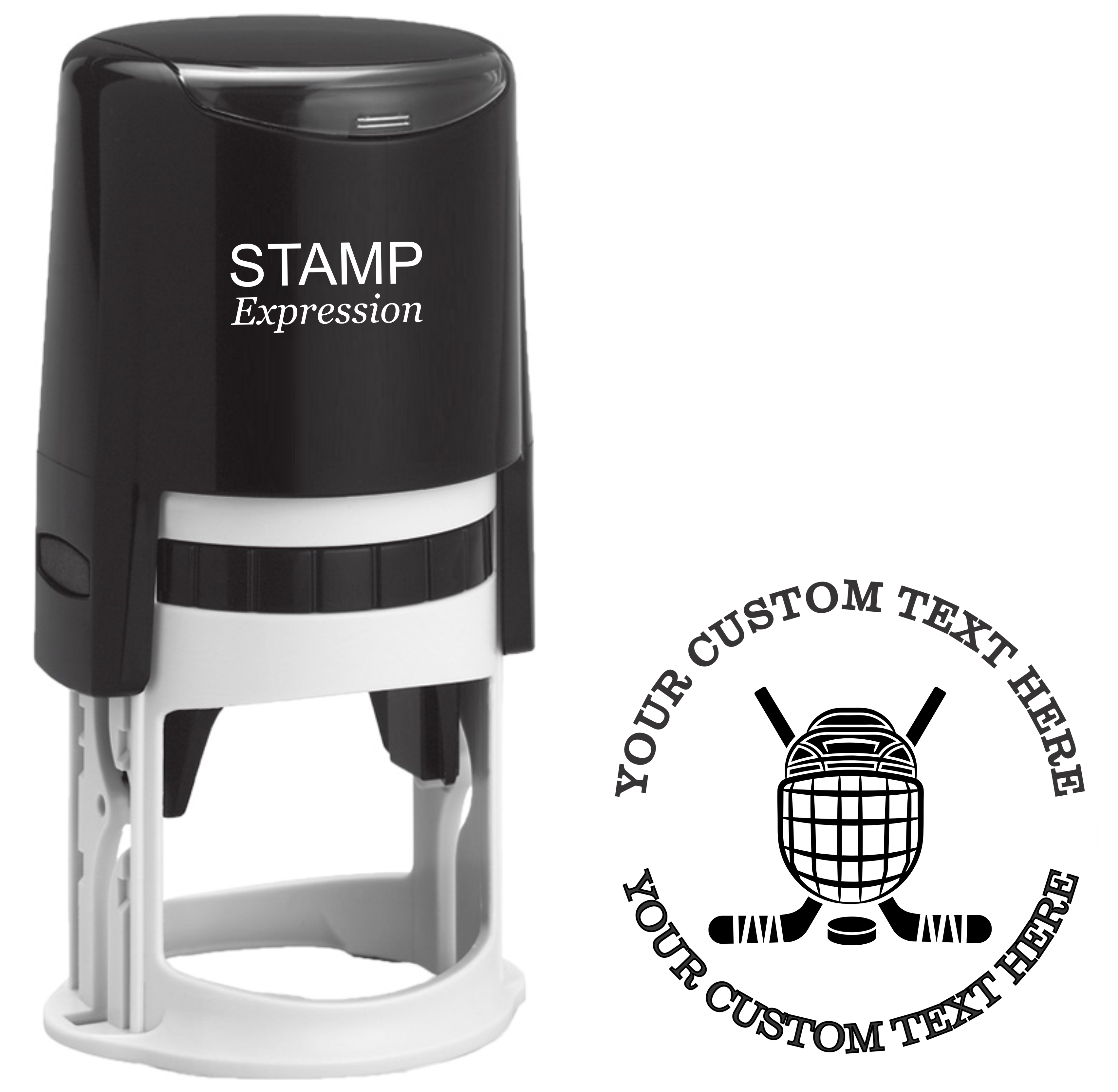 Crossed hockey sticks with helmet Self-Inking Custom Rubber Stamp | Personalized Return Address Stamp | Name & Address Customizable | 1.6" In Diameter (SH-76544)