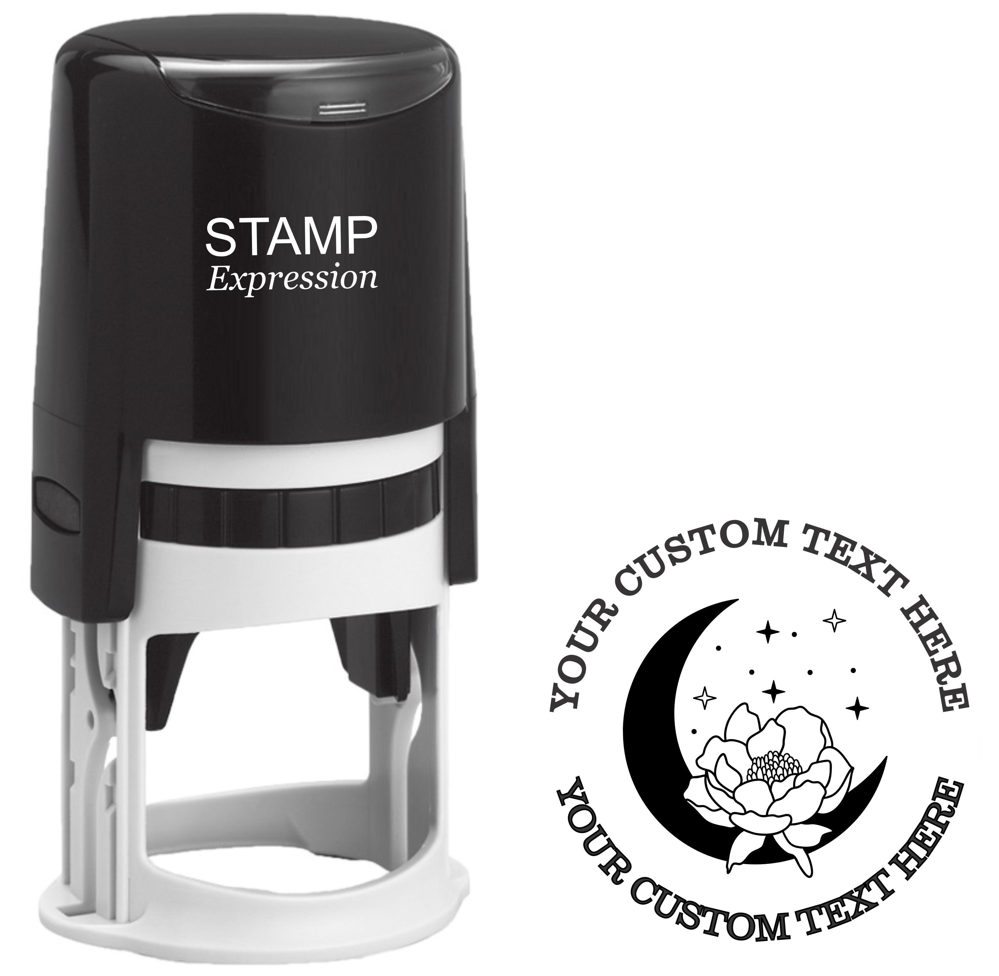 Crescent moon silhouette with large magnolia flower Celestial Boho Self-Inking Custom Rubber Stamp | Personalized Return Address Stamp | Name & Address Customizable | 1.6" In Diameter (SH-76561)