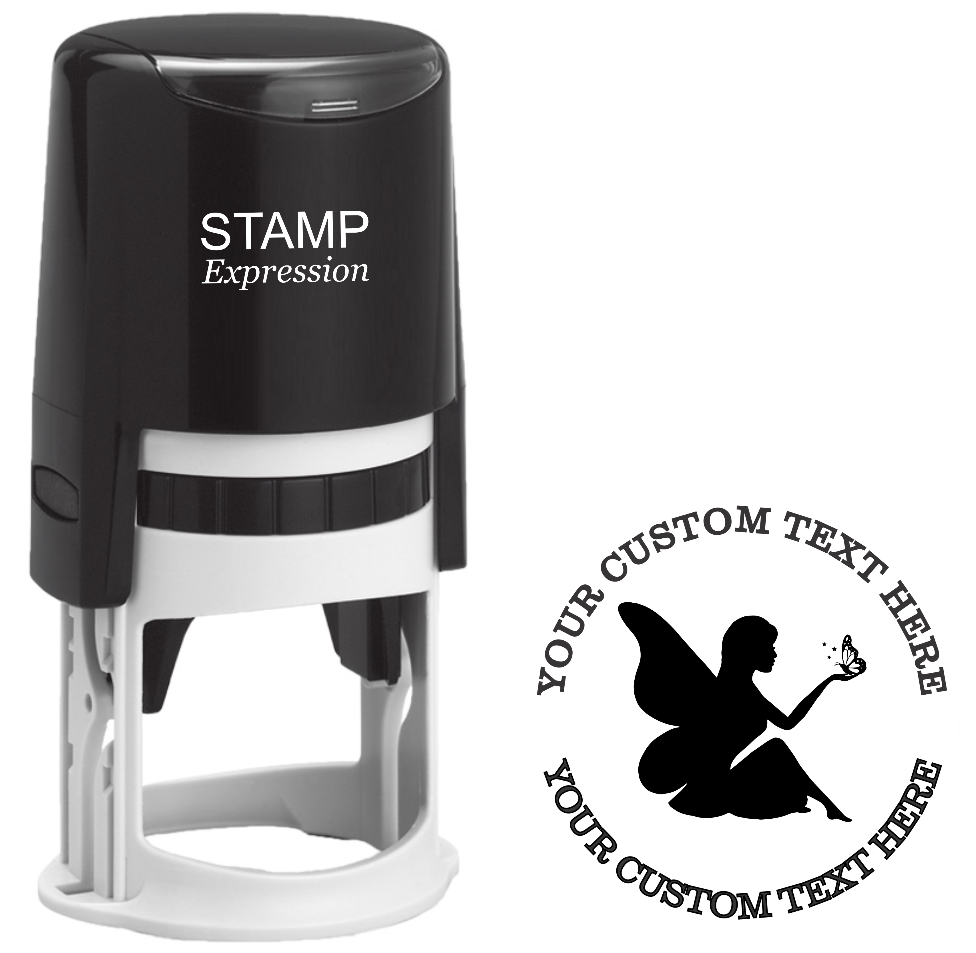 Sitting fairy silhouette with butterfly Self-Inking Custom Rubber Stamp | Personalized Return Address Stamp | Name & Address Customizable | 1.6" In Diameter (SH-76571)