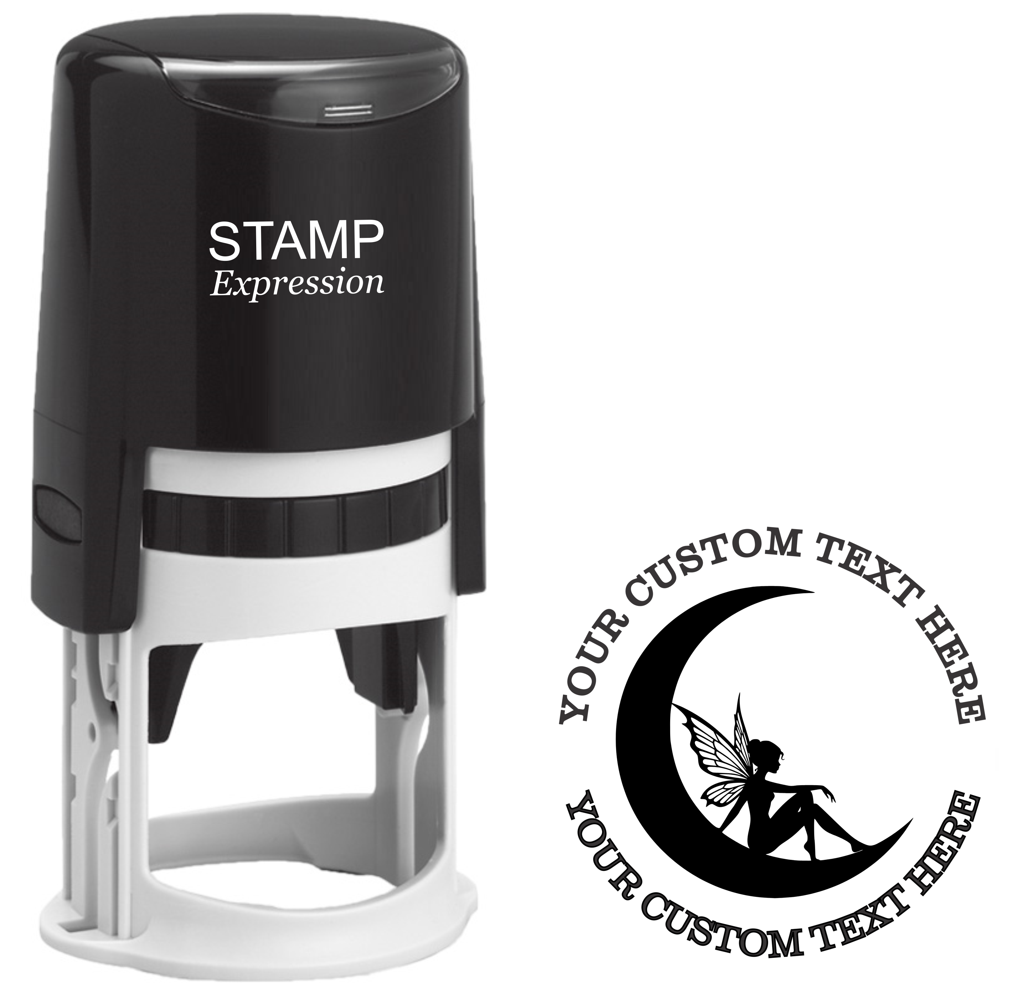 Beautiful fairy sitting inside a crescent moon Self-Inking Custom Rubber Stamp | Personalized Return Address Stamp | Name & Address Customizable | 1.6" In Diameter (SH-76574)