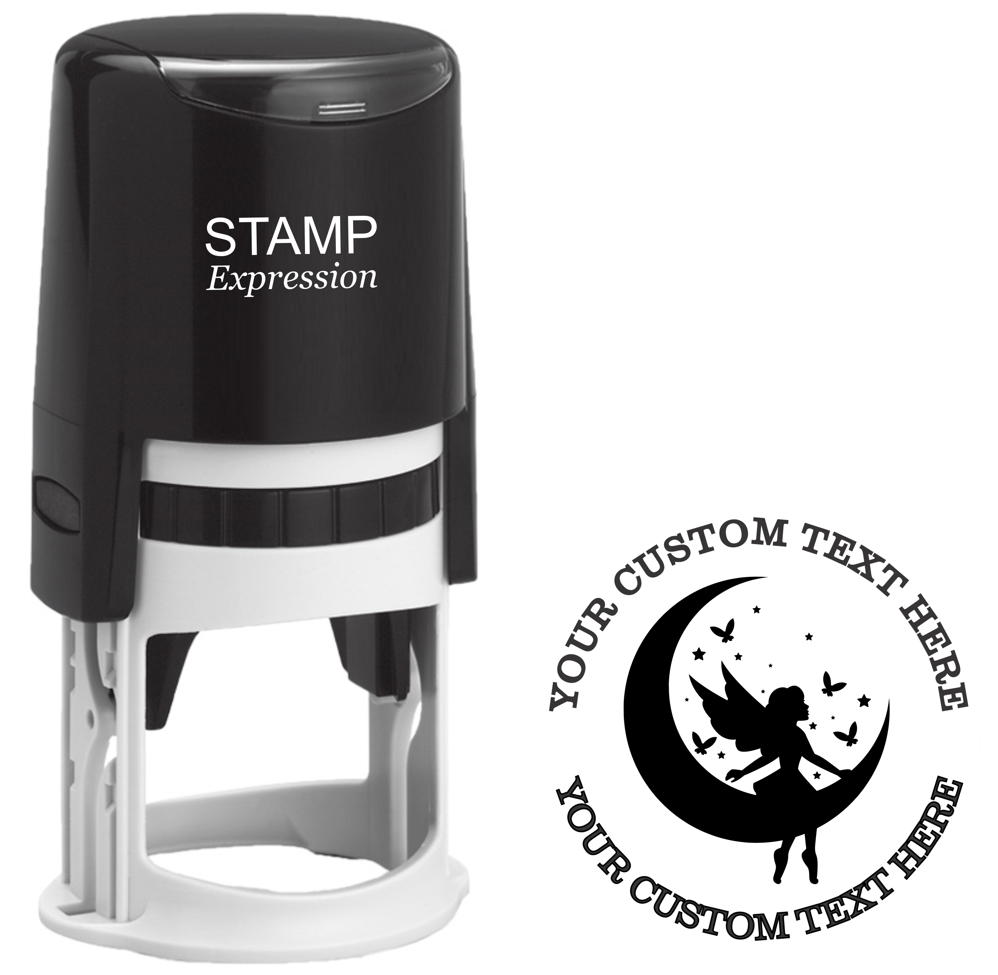 Fairy sitting inside crescent moon with butterflies Self-Inking Custom Rubber Stamp | Personalized Return Address Stamp | Name & Address Customizable | 1.6" In Diameter (SH-76576)