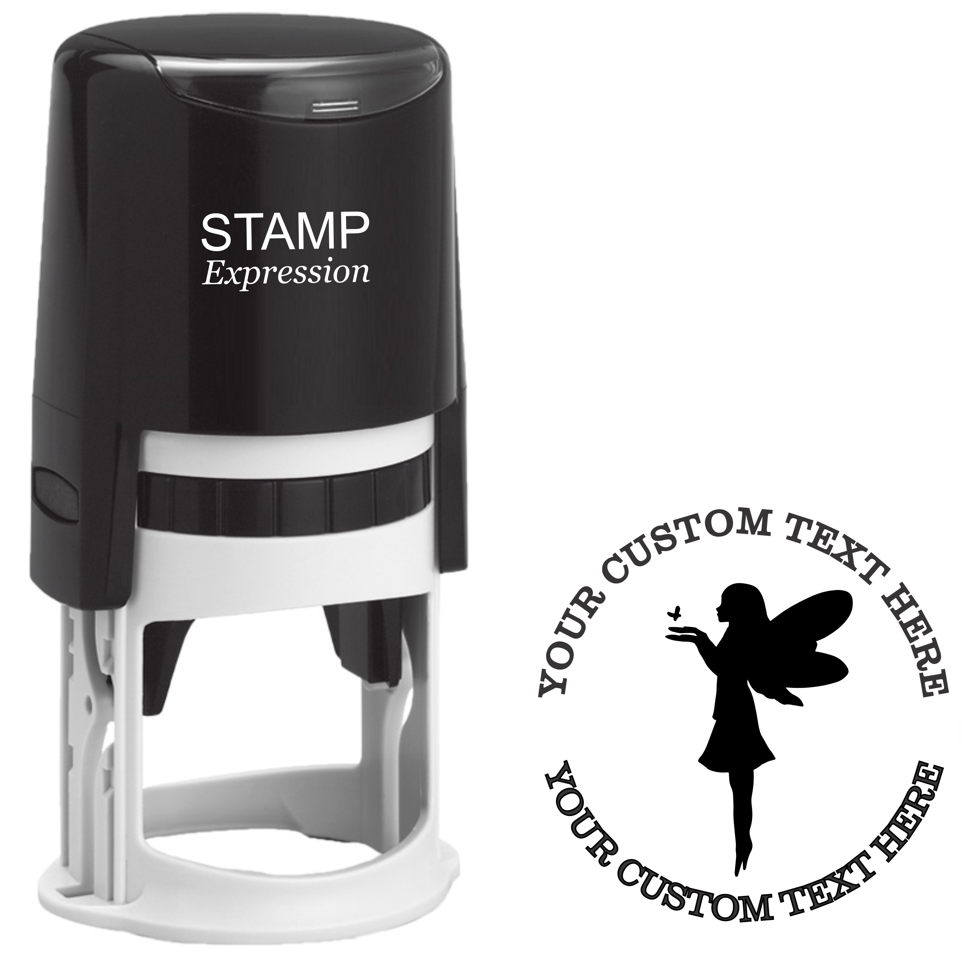 Cute fairy standing on her tippy toes with butterfly Self-Inking Custom Rubber Stamp | Personalized Return Address Stamp | Name & Address Customizable | 1.6" In Diameter (SH-76582)