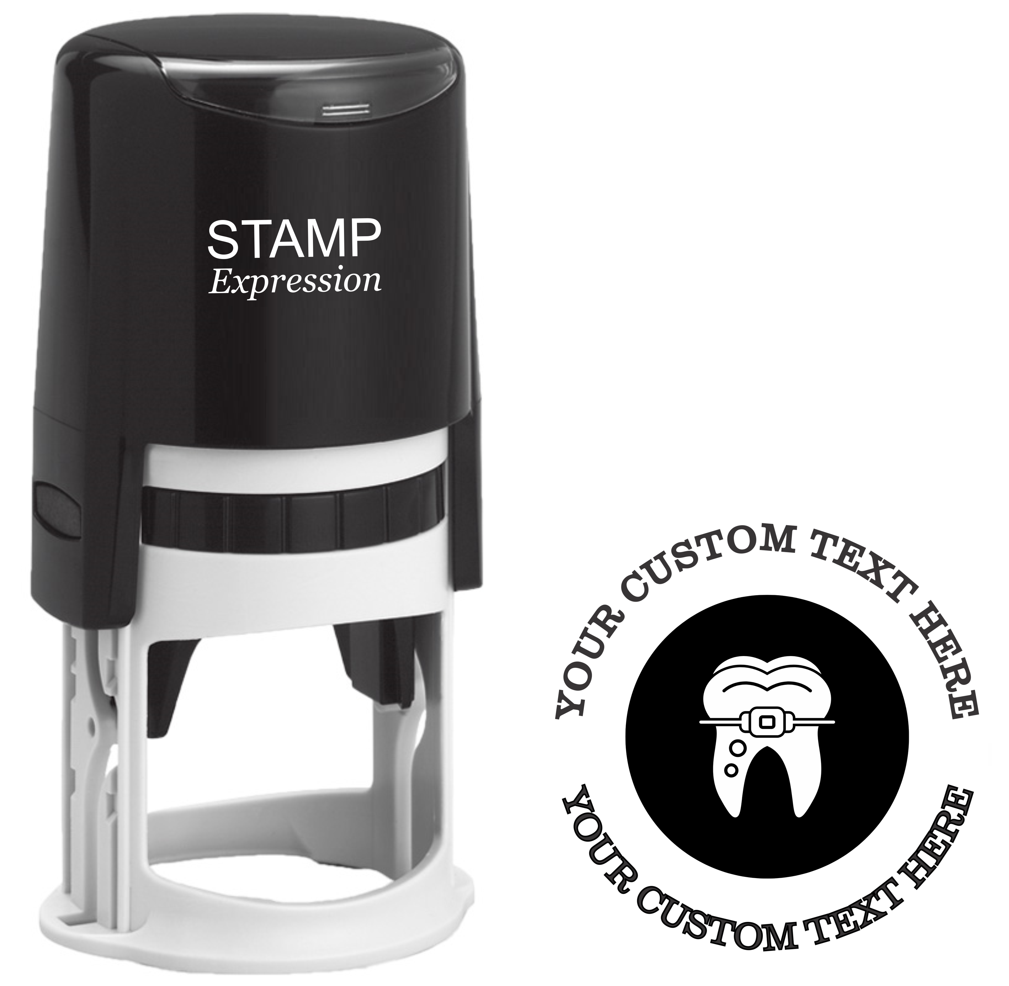 Tooth with brace in a dark circle Self-Inking Custom Rubber Stamp | Personalized Return Address Stamp | Name & Address Customizable | 1.6" In Diameter (SH-76584)