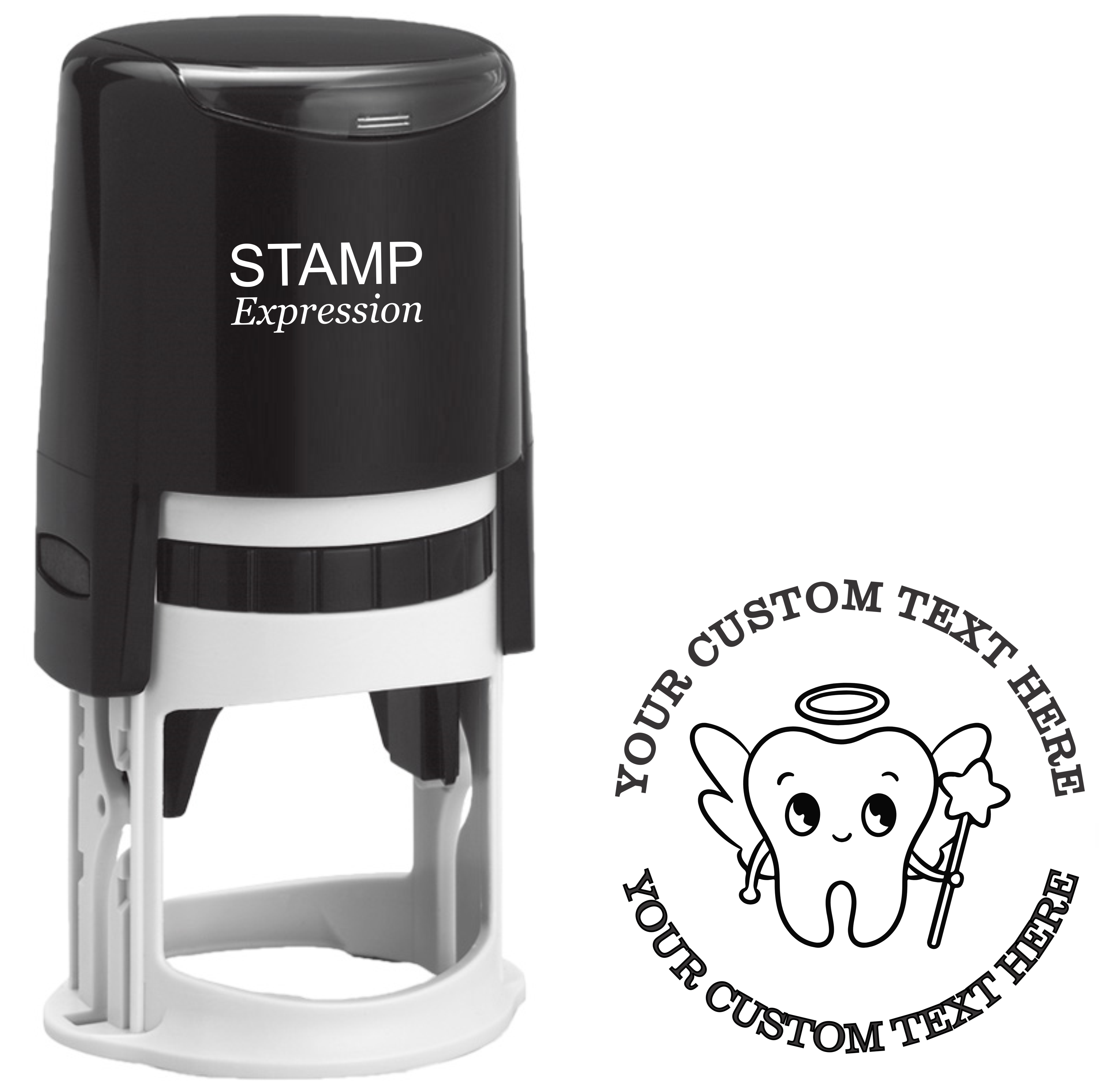 Kawaii tooth with halo and wings Self-Inking Custom Rubber Stamp | Personalized Return Address Stamp | Name & Address Customizable | 1.6" In Diameter (SH-76586)