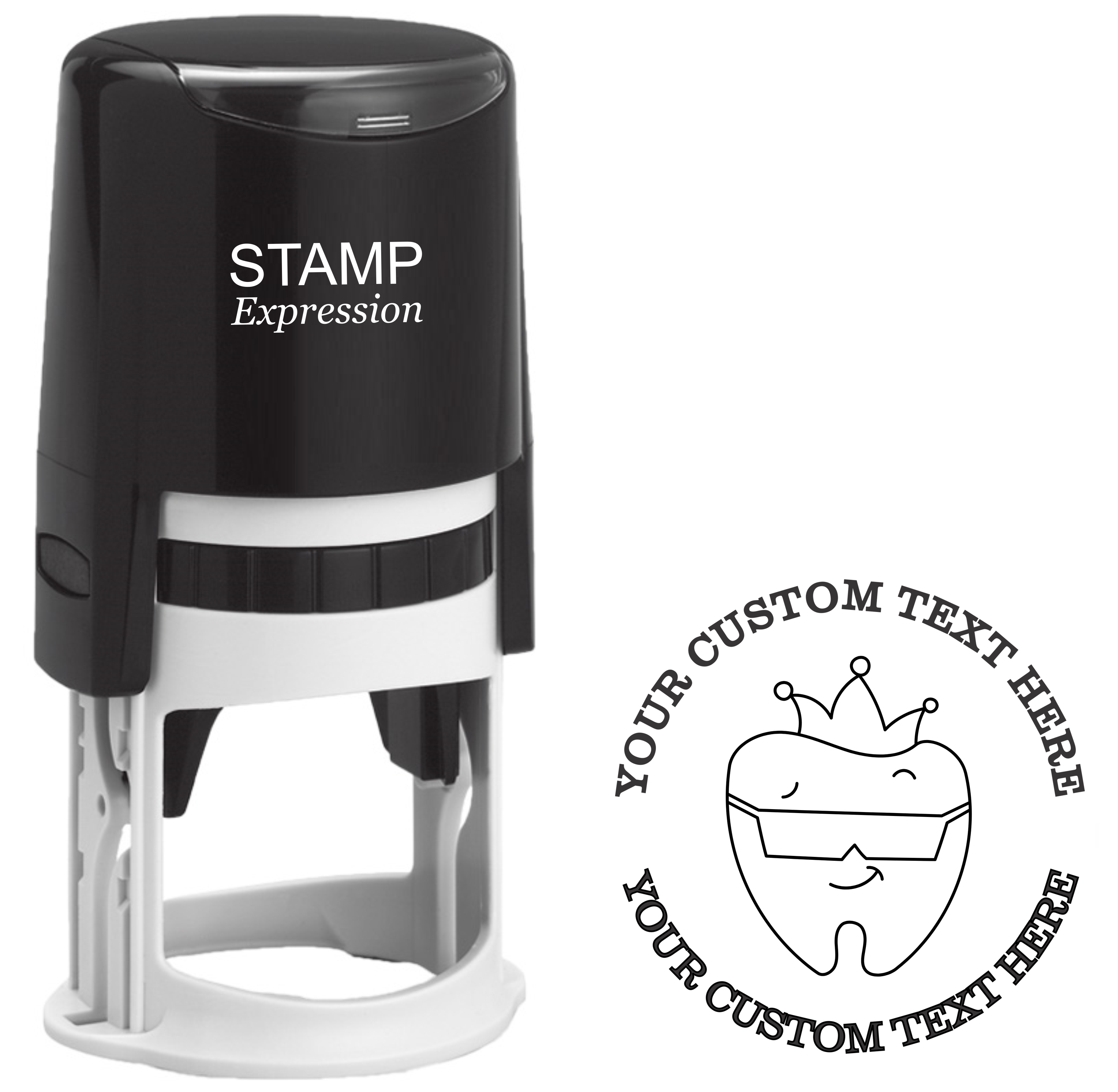 Cool tooth with crown and sunglasses dentist Self-Inking Custom Rubber Stamp | Personalized Return Address Stamp | Name & Address Customizable | 1.6" In Diameter (SH-76589)