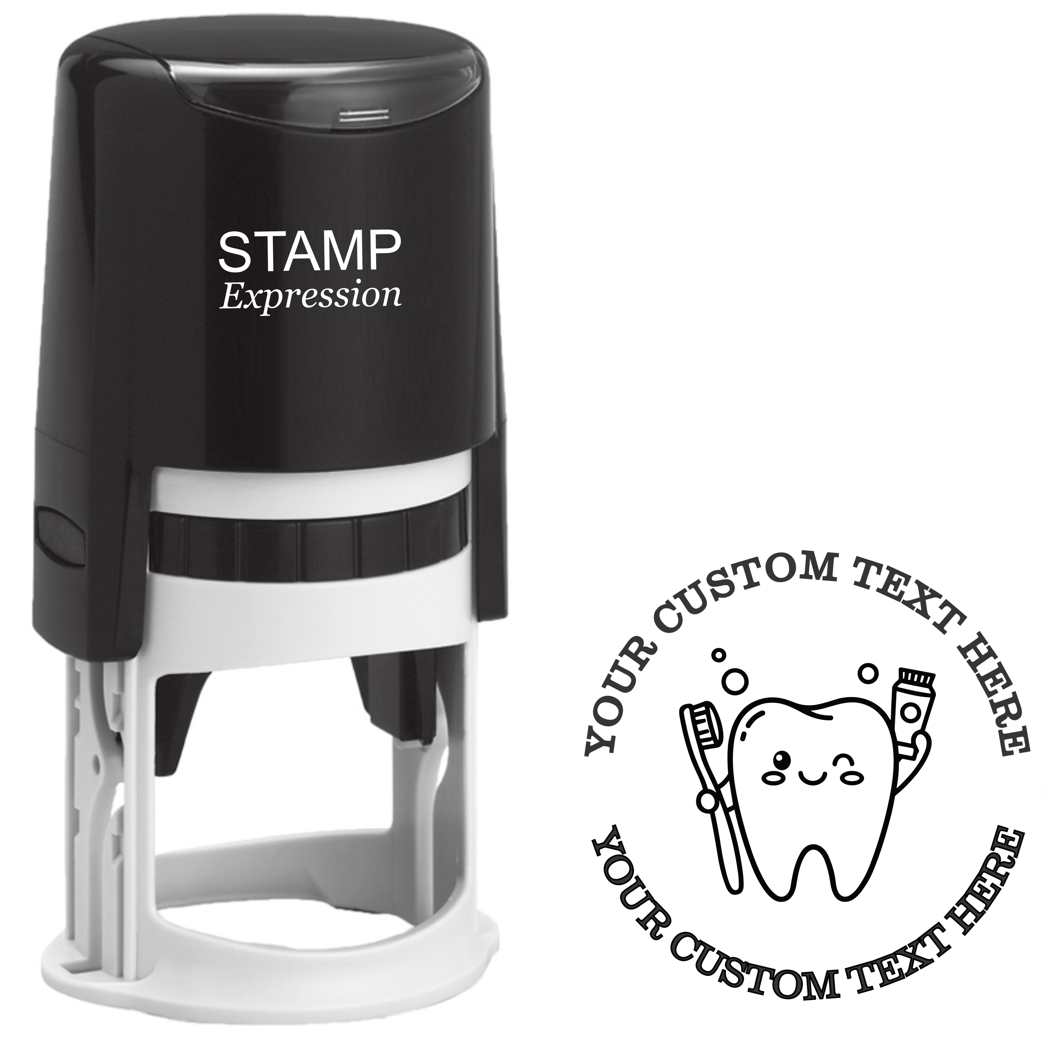Kawaii tooth with toothbrush and toothpaste dentist Self-Inking Custom Rubber Stamp | Personalized Return Address Stamp | Name & Address Customizable | 1.6" In Diameter (SH-76590)