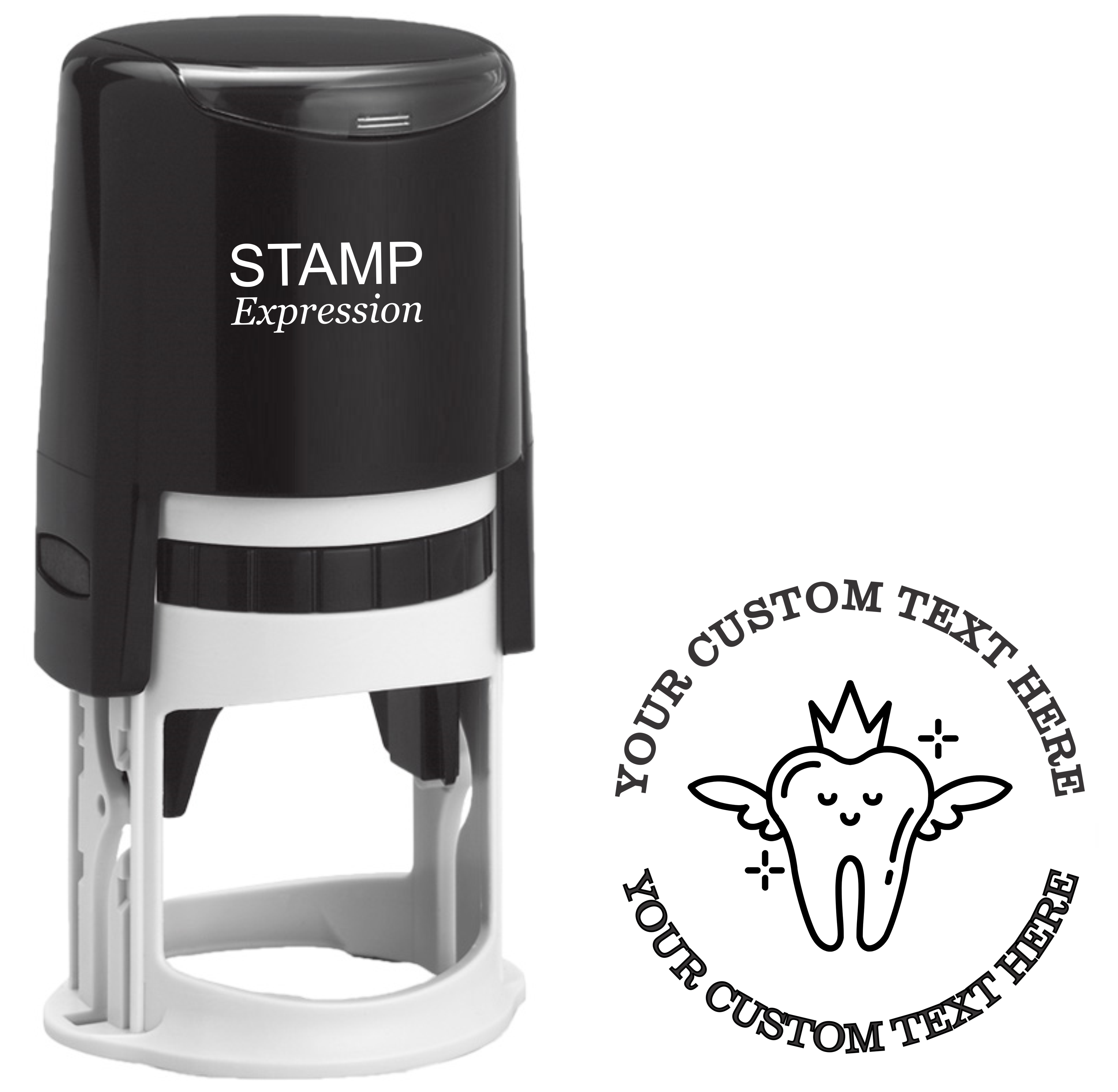 Kawaii tooth with crown and wings with eyes closed dentist Self-Inking Custom Rubber Stamp | Personalized Return Address Stamp | Name & Address Customizable | 1.6" In Diameter (SH-76591)