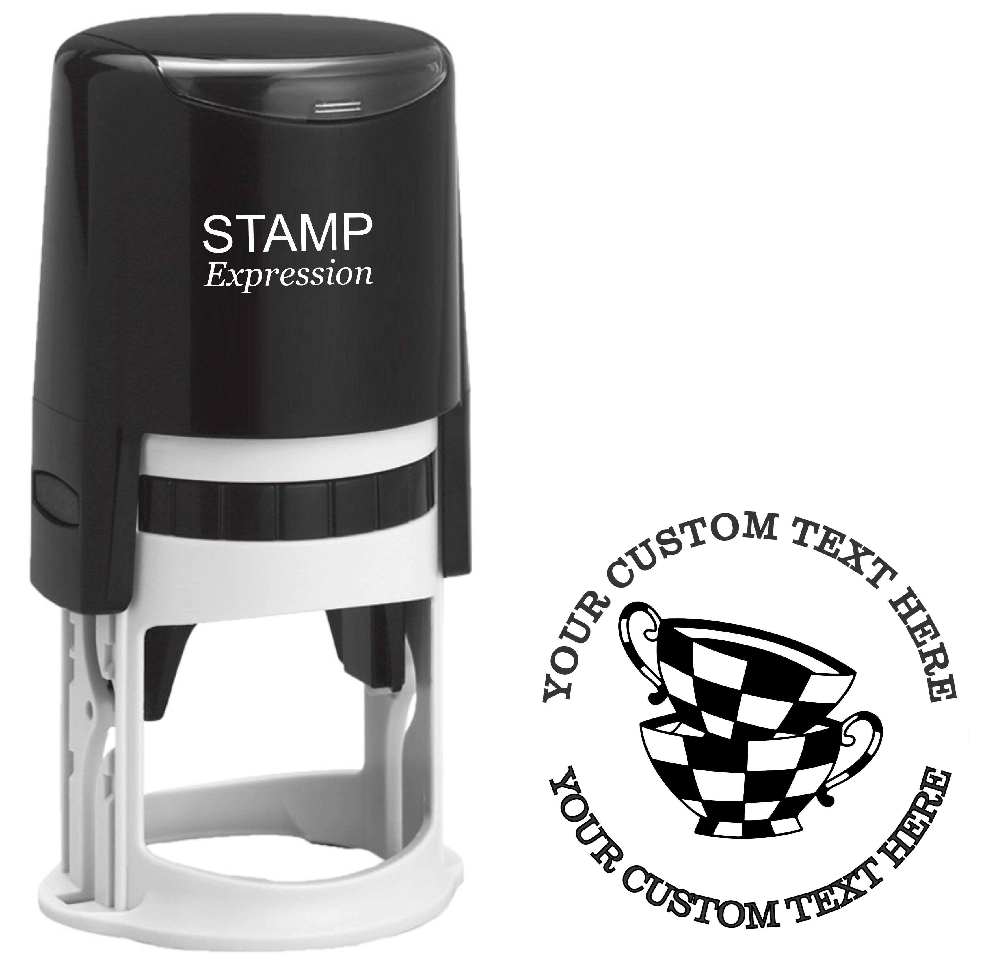 Two checked tea cups Self-Inking Custom Rubber Stamp | Personalized Return Address Stamp | Name & Address Customizable | 1.6" In Diameter (SH-76608)