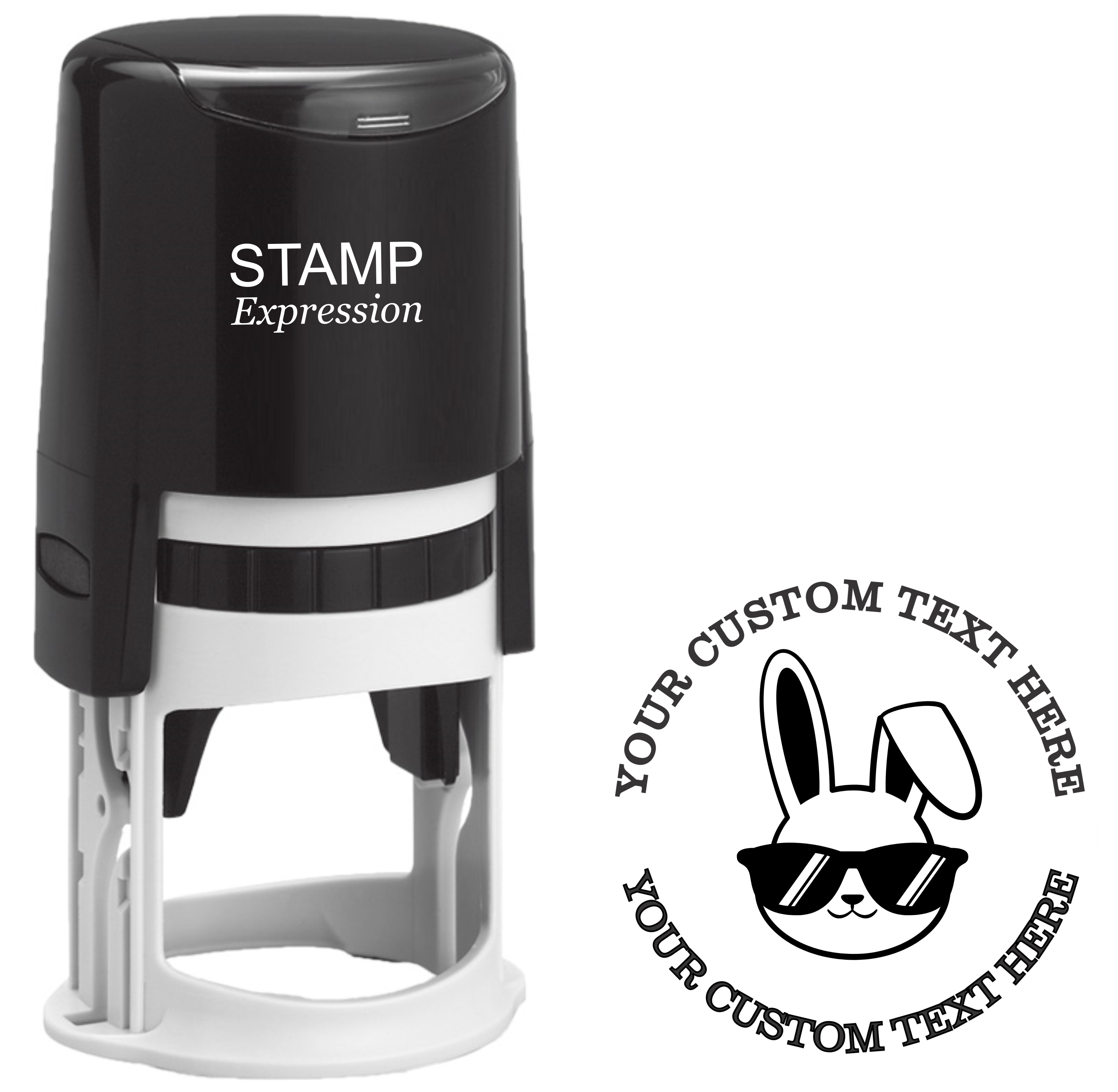 Cool bunny wearing sunglasses head outline Self-Inking Custom Rubber Stamp | Personalized Return Address Stamp | Name & Address Customizable | 1.6" In Diameter (SH-76613)
