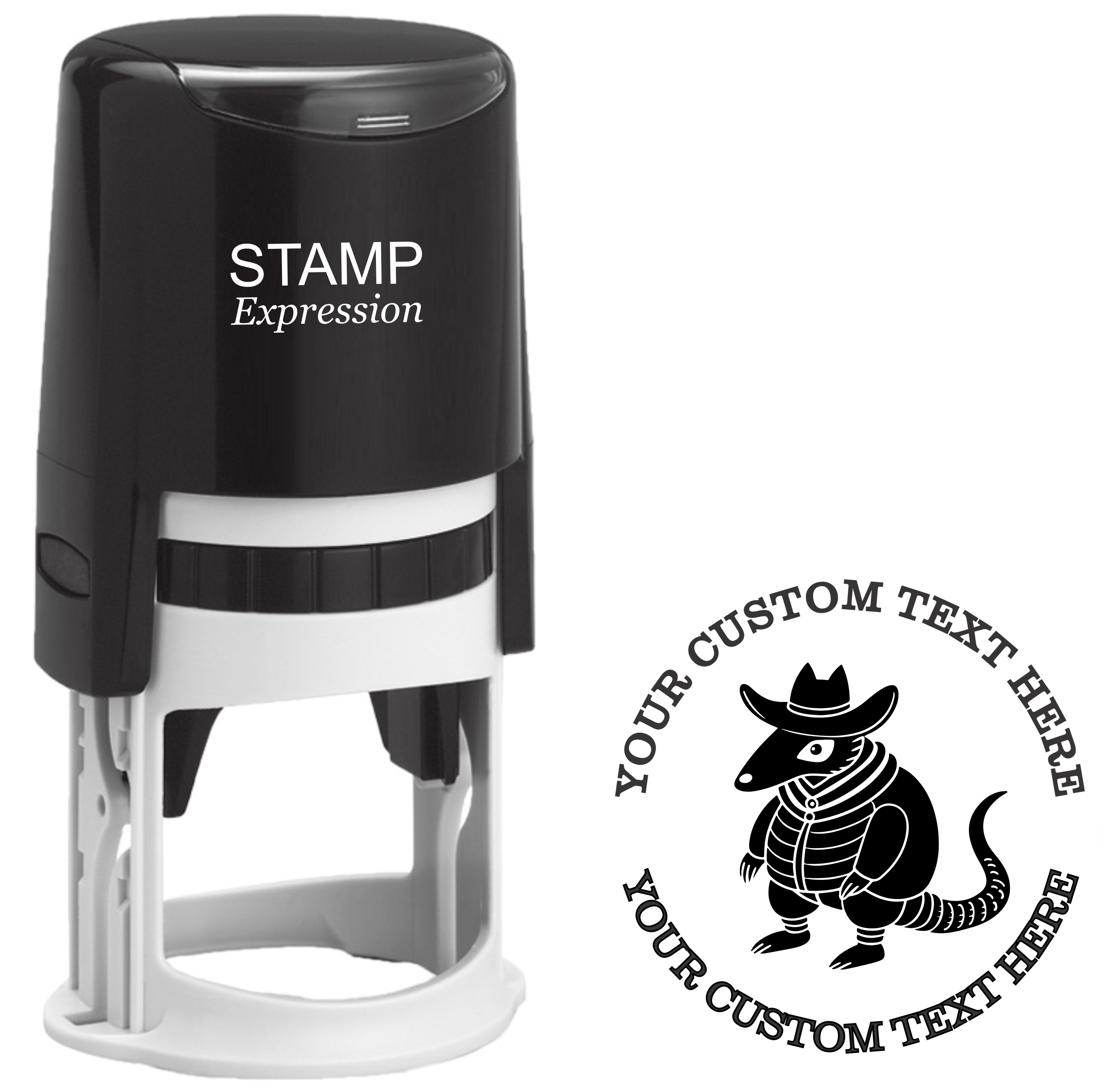 Western armadillo silhouette Self-Inking Custom Rubber Stamp | Personalized Return Address Stamp | Name & Address Customizable | 1.6" In Diameter (SH-76616)