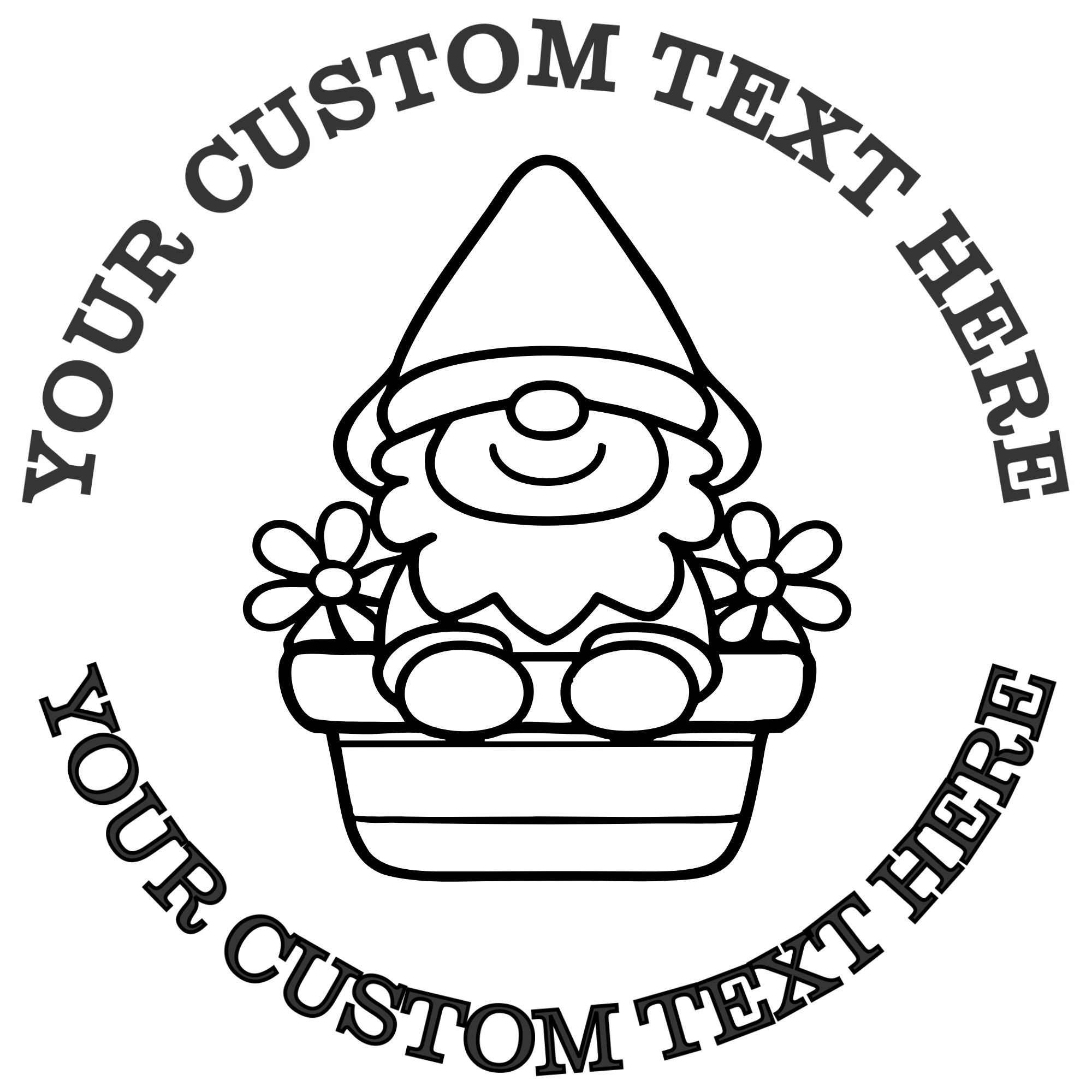 Cute gnome sitting in a flower pot Self-Inking Custom Rubber Stamp | Personalized Return Address Stamp | Name & Address Customizable | 1.6" In Diameter (SH-76634)