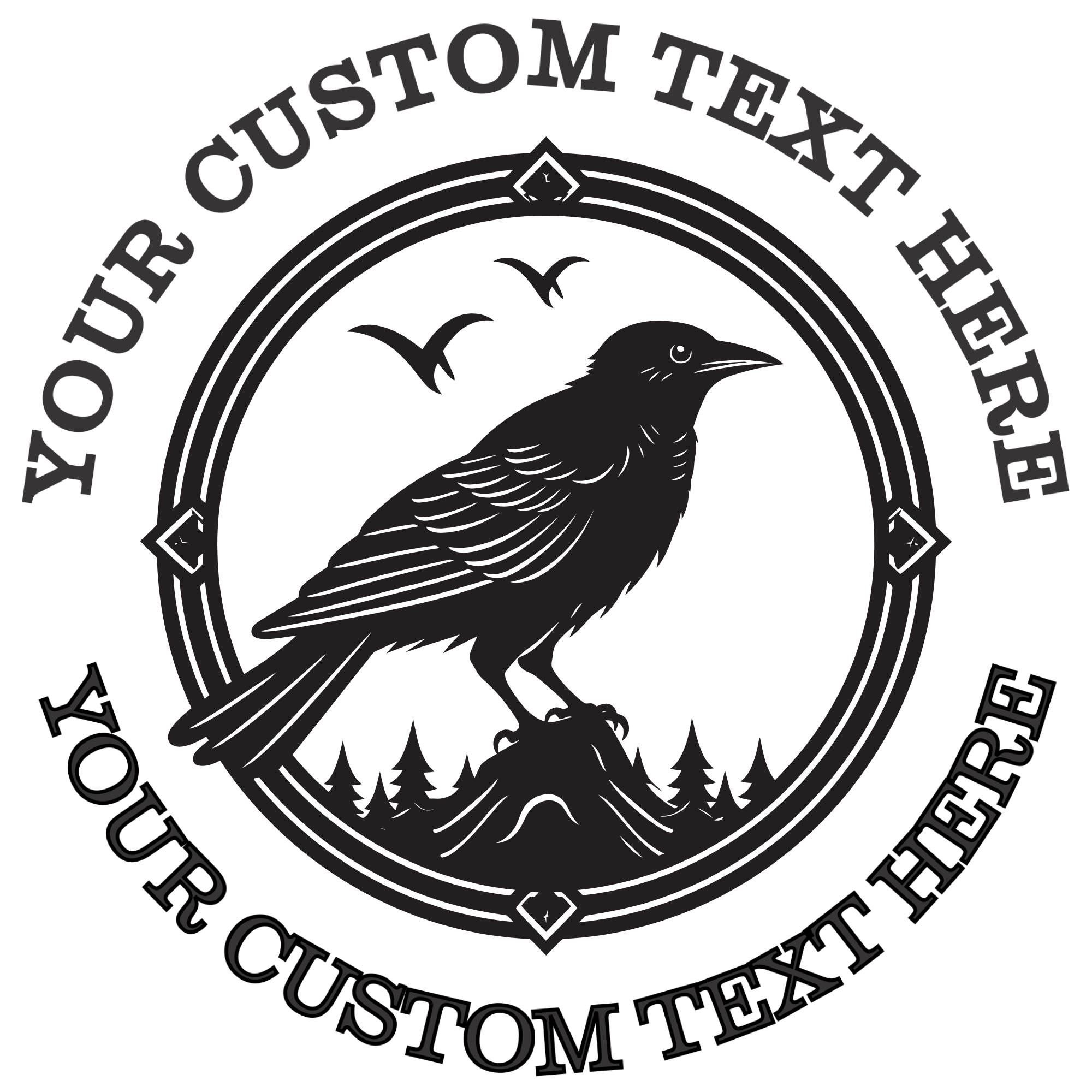 Crow in a Double Circle with Two Flying Birds Self-Inking Custom Rubber Stamp | Personalized Return Address Stamp | Name & Address Customizable | 1.6" In Diameter Self Inking Rubber Stamp (SH-76770)