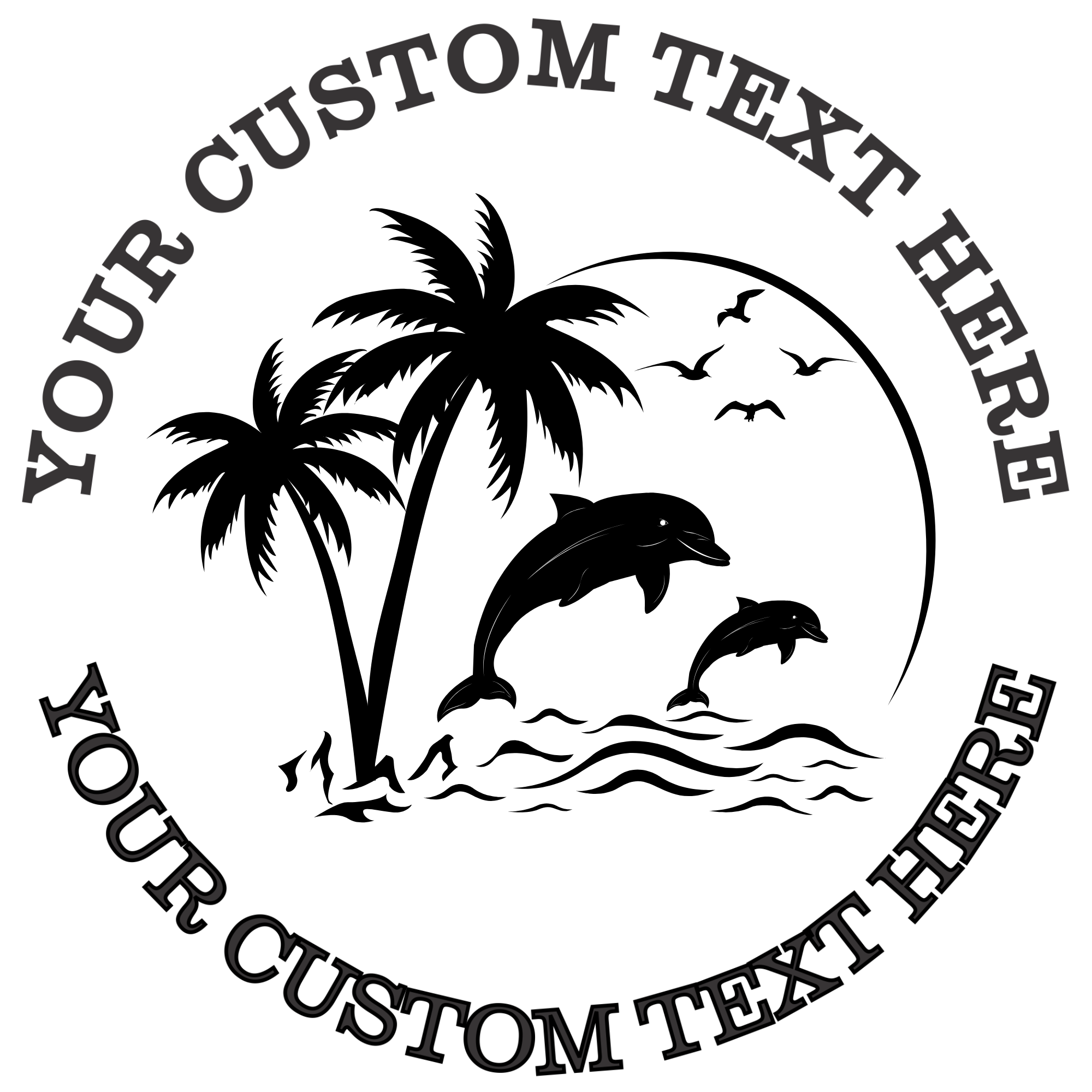 Two Palm Trees with Two Dolphins Jumping out of the Ocean Self-Inking Custom Rubber Stamp | Personalized Return Address Stamp | Name & Address Customizable | 1.6" In Diameter Self Inking Rubber Stamp (SH-76825)