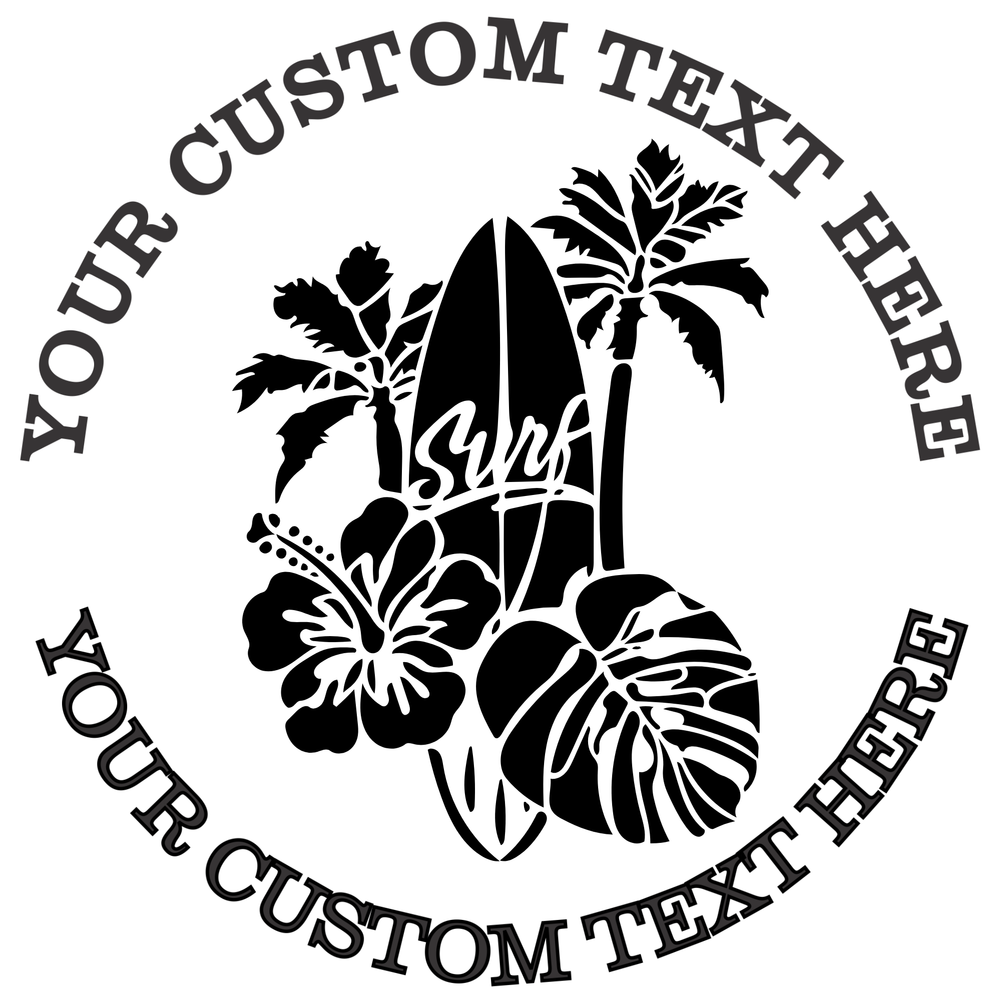 Tropical Flowers and Leaves with a Surfboard Self-Inking Custom Rubber Stamp | Personalized Return Address Stamp | Name & Address Customizable | 1.6" In Diameter Self Inking Rubber Stamp (SH-76827)