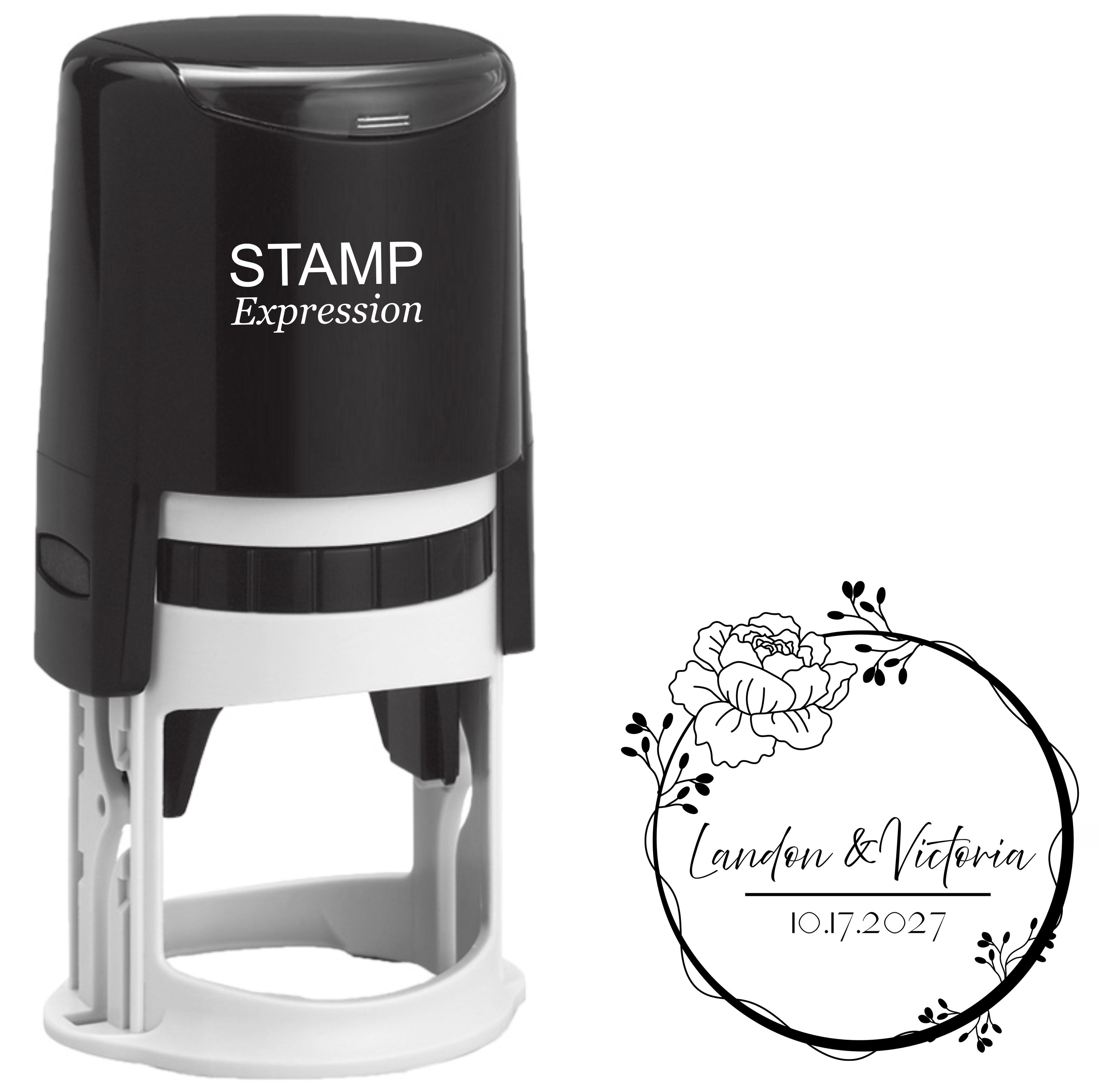 Landon & Victoria Floral Border Wedding Stamp with Date
