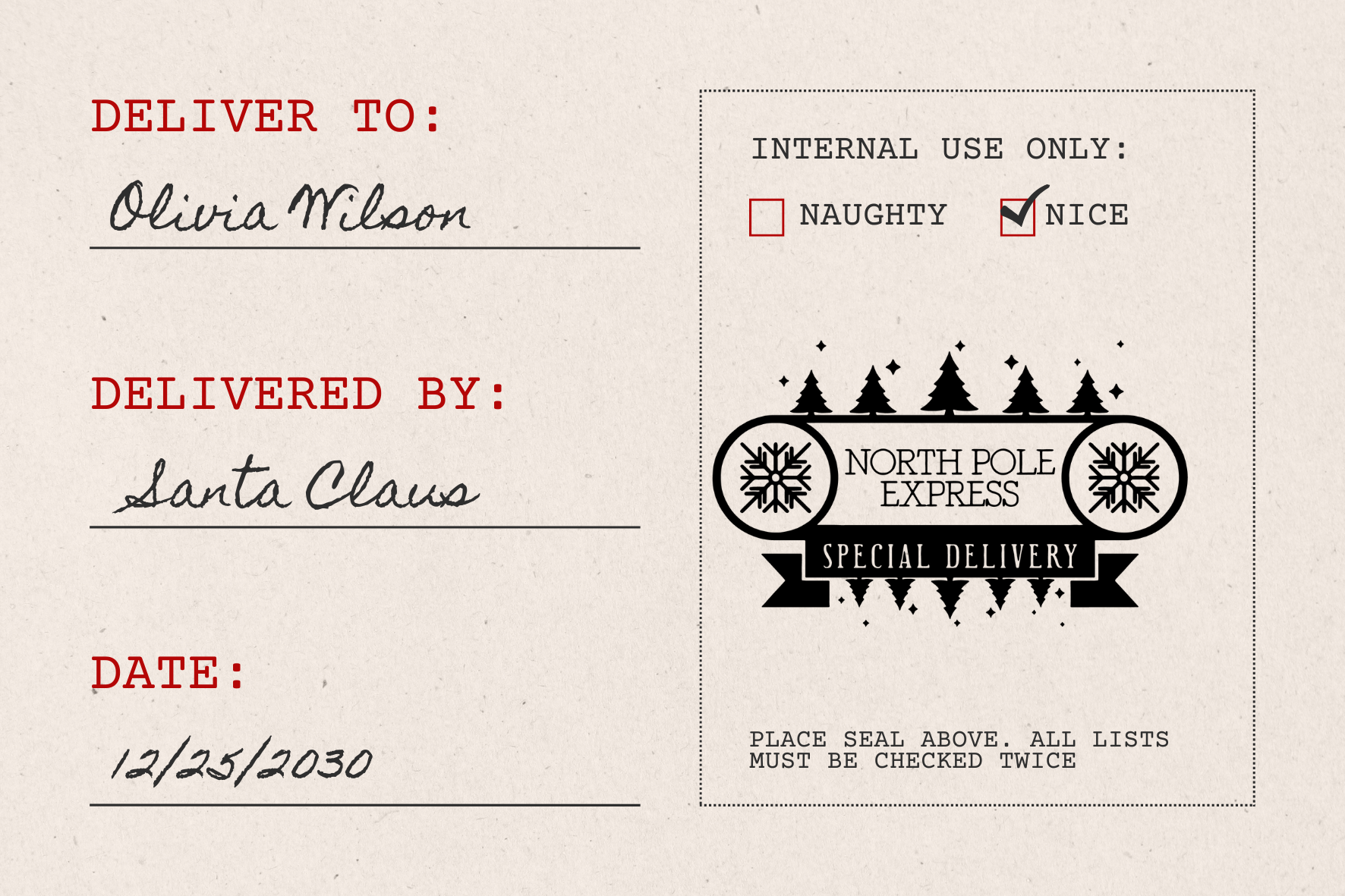 Large North Pole Express Special Delivery Christmas Stamp (SH-76275)