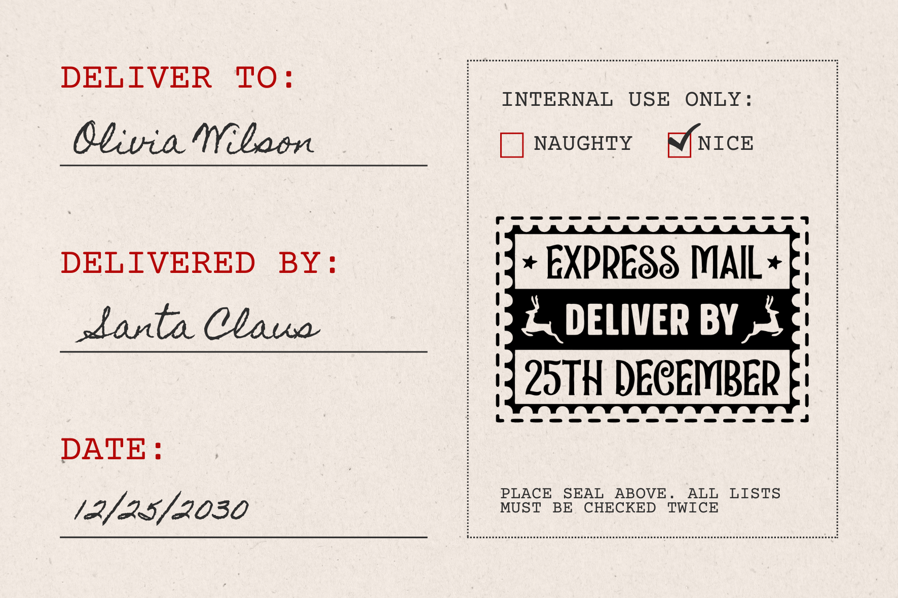 Large Express Mail Delivered By 25th December Christmas Stamp (SH-76282)