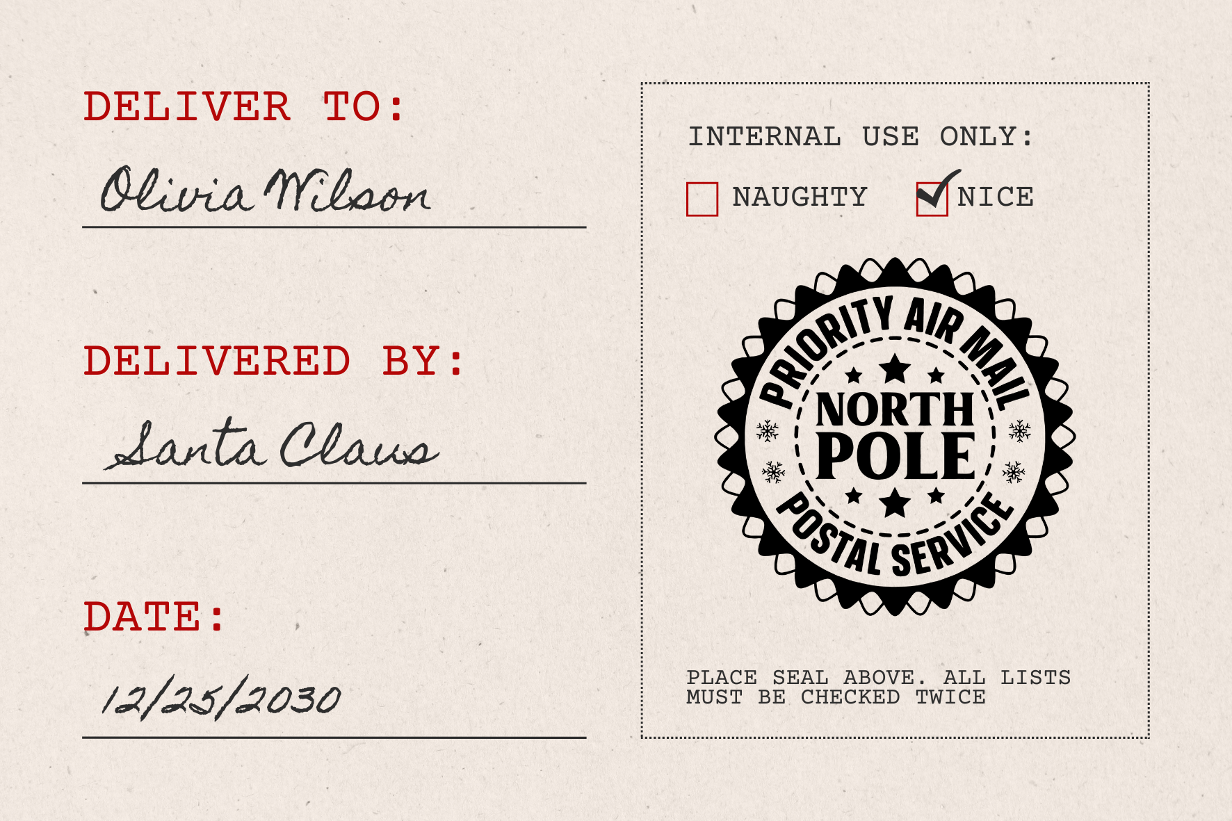 North Pole Postal Service Priority Mail Rustic Christmas Stamp (SH-76260)