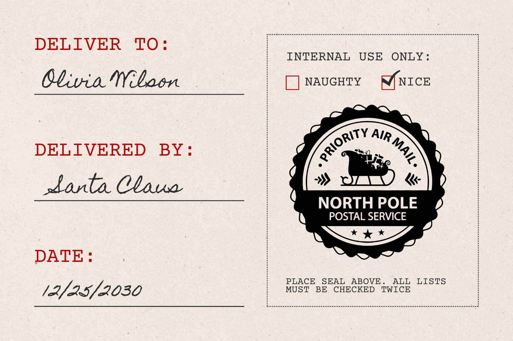 North Pole Postal Service Priority Mail Christmas Stamp (SH-76254)