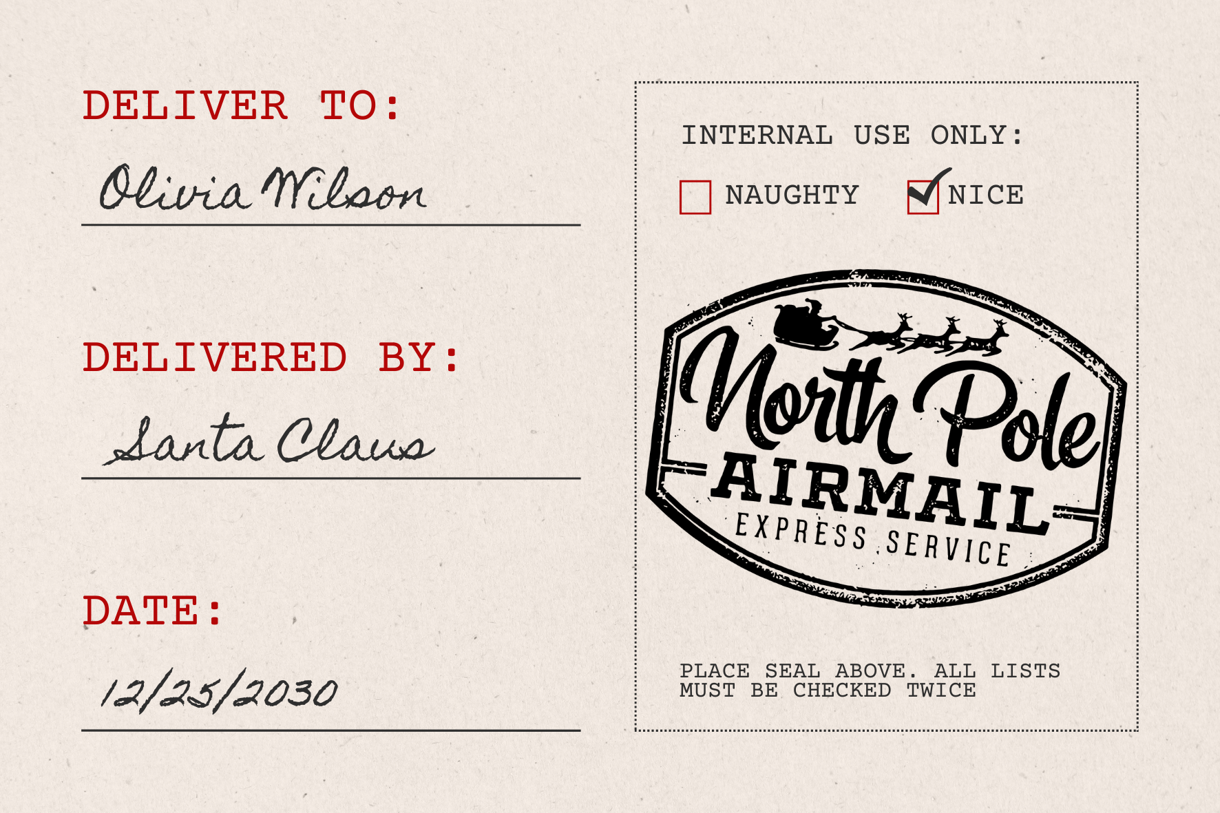 Large North Rustic Pole Air Mail Express Service Santa Christmas Stamp (SH-76277)