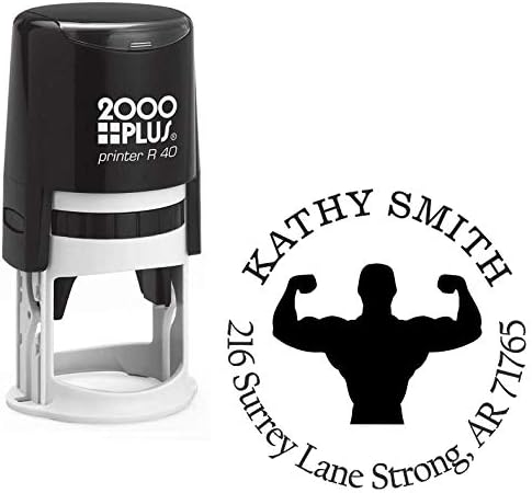 Bodybuilder Muscular Man Custom Return Address Stamp - Self Inking. Personalized Rubber Stamp with Lines of Text (SH-76201)