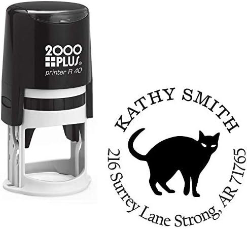 Black Cat Custom Return Address Stamp - Self Inking. Personalized Rubber Stamp with Lines of Text (SH-76078)