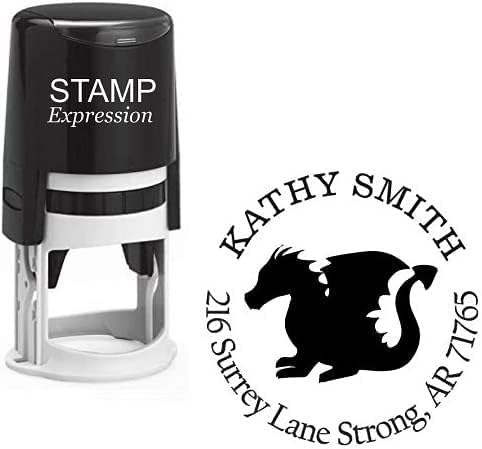 Winged Dragon Custom Return Address Stamp - Self Inking. Personalized Rubber Stamp with Lines of Text (SH-76459)