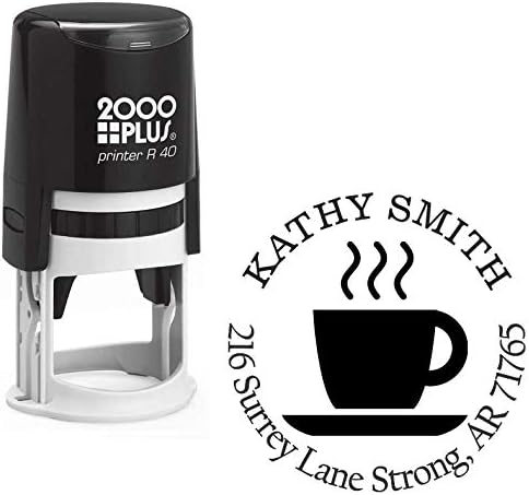 Steaming Cup of Coffee Custom Return Address Stamp - Self Inking. Personalized Rubber Stamp with Lines of Text (SH-76316)