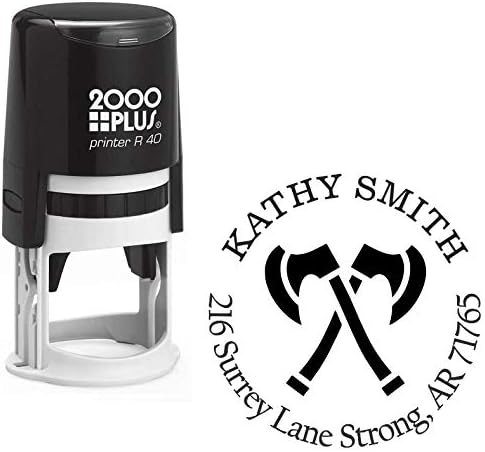 Crossed Axes Custom Return Address Stamp - Self Inking. Personalized Rubber Stamp with Lines of Text (SH-76083)